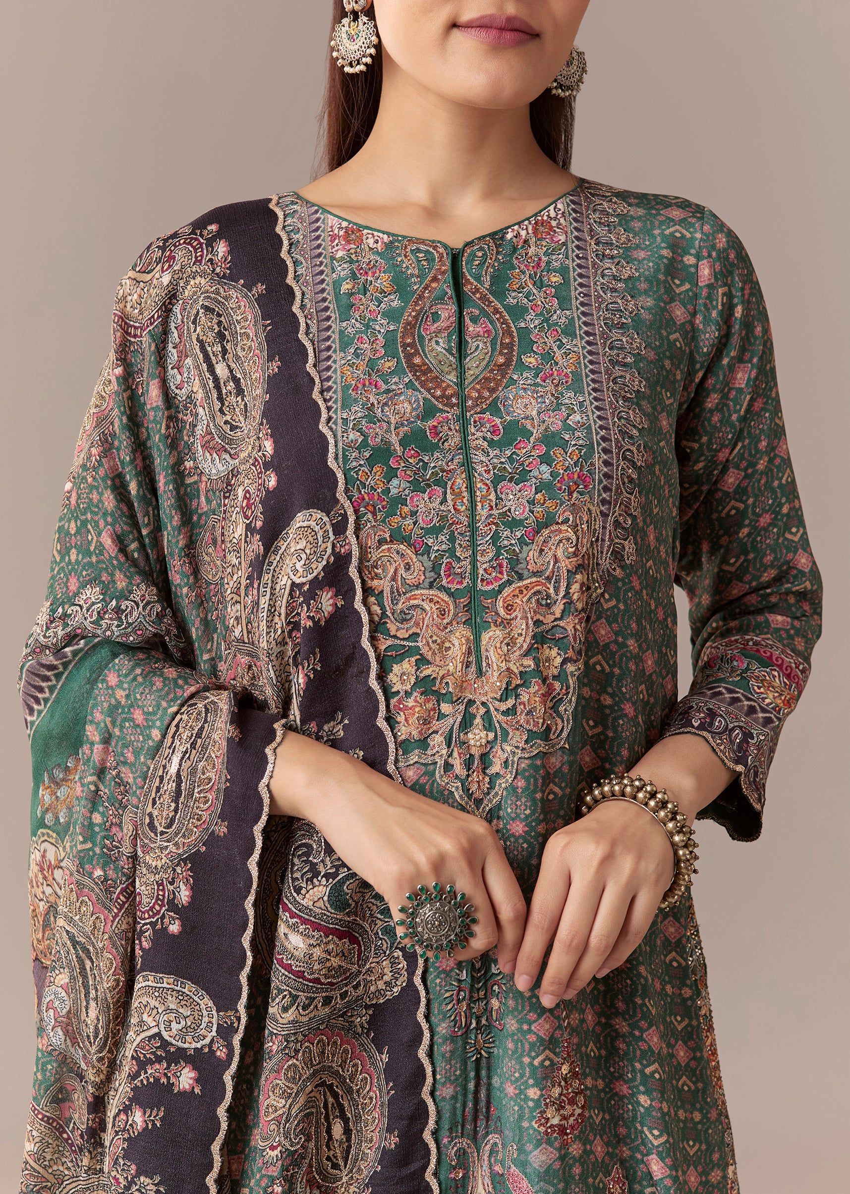 Olive Indie Coordinated Set – Printed Kurta Set With Dupatta For Her And Olive Silk Kurta Set With Dupatta For Him - Image 2