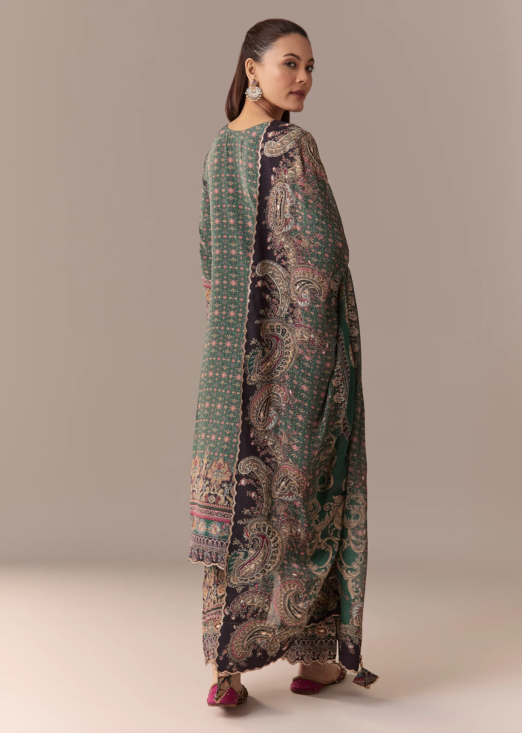 Olive Indie Coordinated Set – Printed Kurta Set With Dupatta For Her And Olive Silk Kurta Set With Dupatta For Him - Image 4