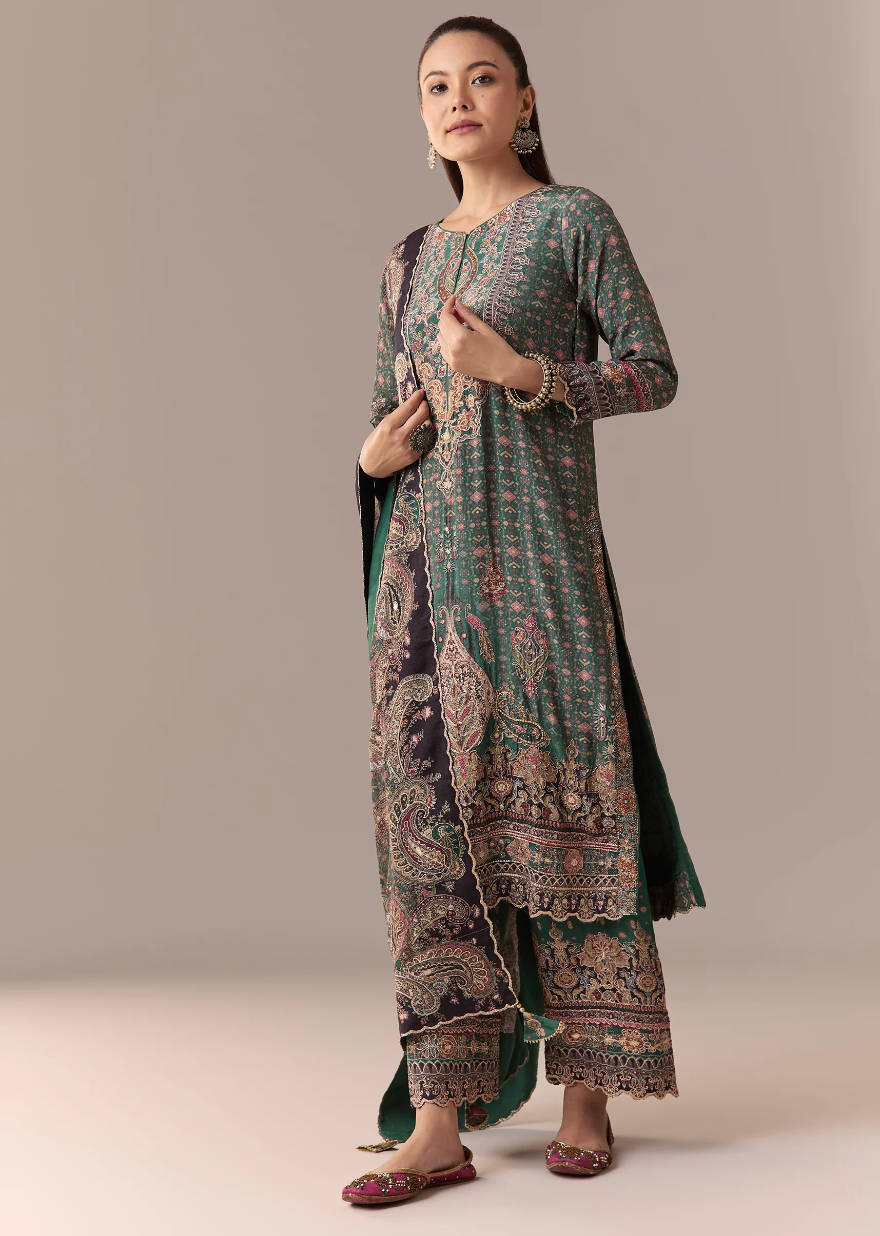 Olive Indie Coordinated Set – Printed Kurta Set With Dupatta For Her And Olive Silk Kurta Set With Dupatta For Him - Image 5