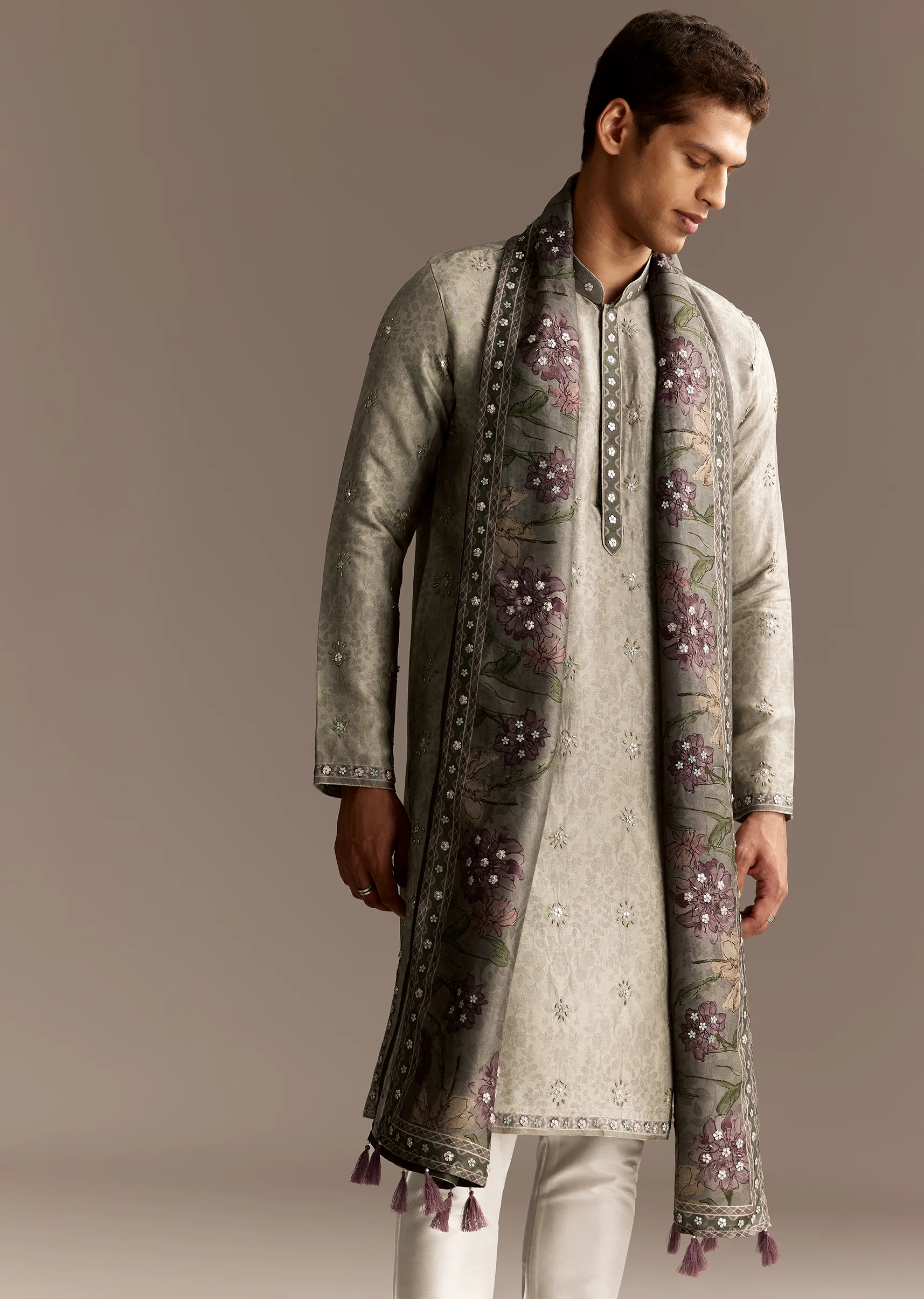 Olive Indie Coordinated Set – Printed Kurta Set With Dupatta For Her And Olive Silk Kurta Set With Dupatta For Him - Image 8