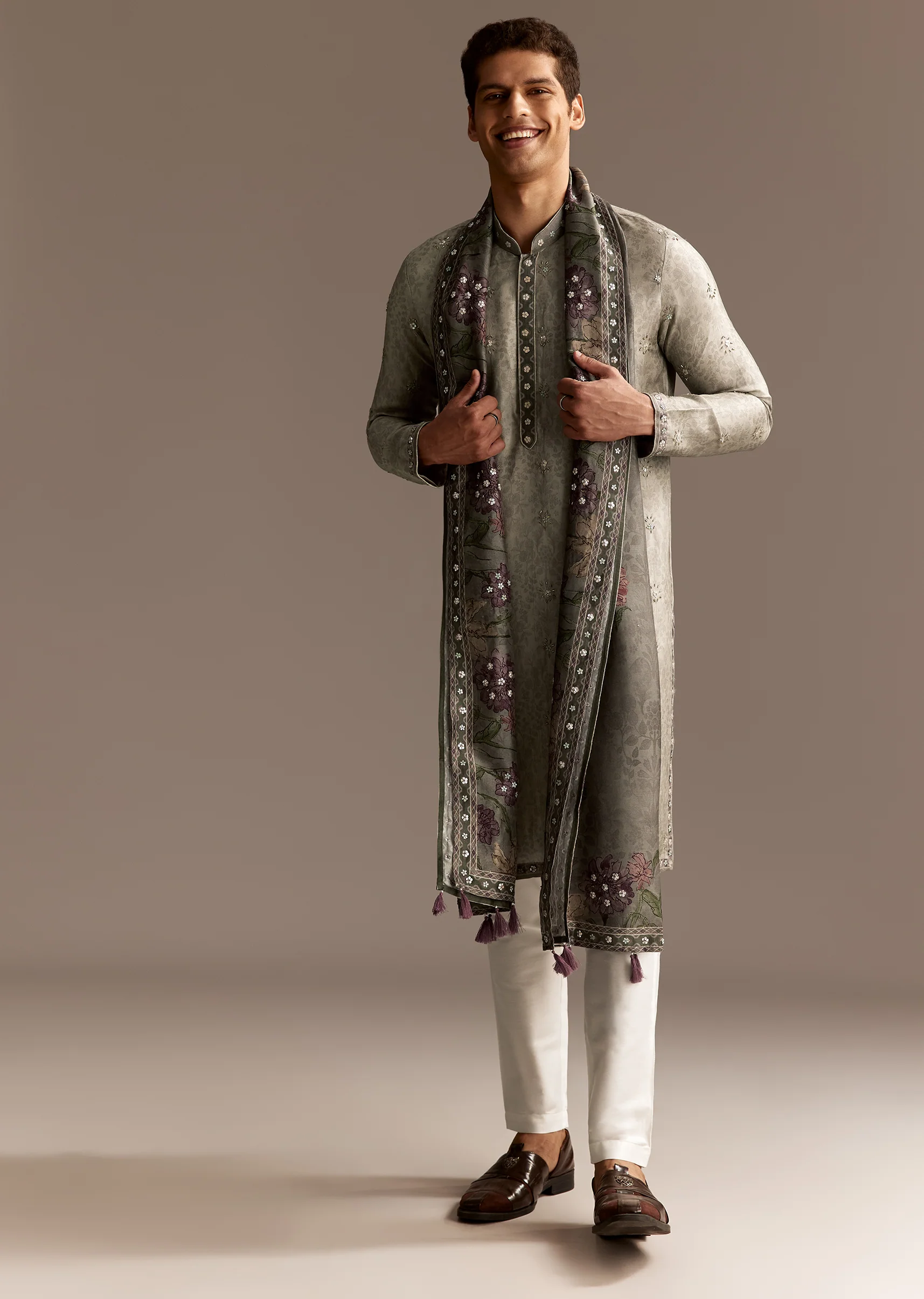Olive Indie Coordinated Set – Printed Kurta Set With Dupatta For Her And Olive Silk Kurta Set With Dupatta For Him - Image 9