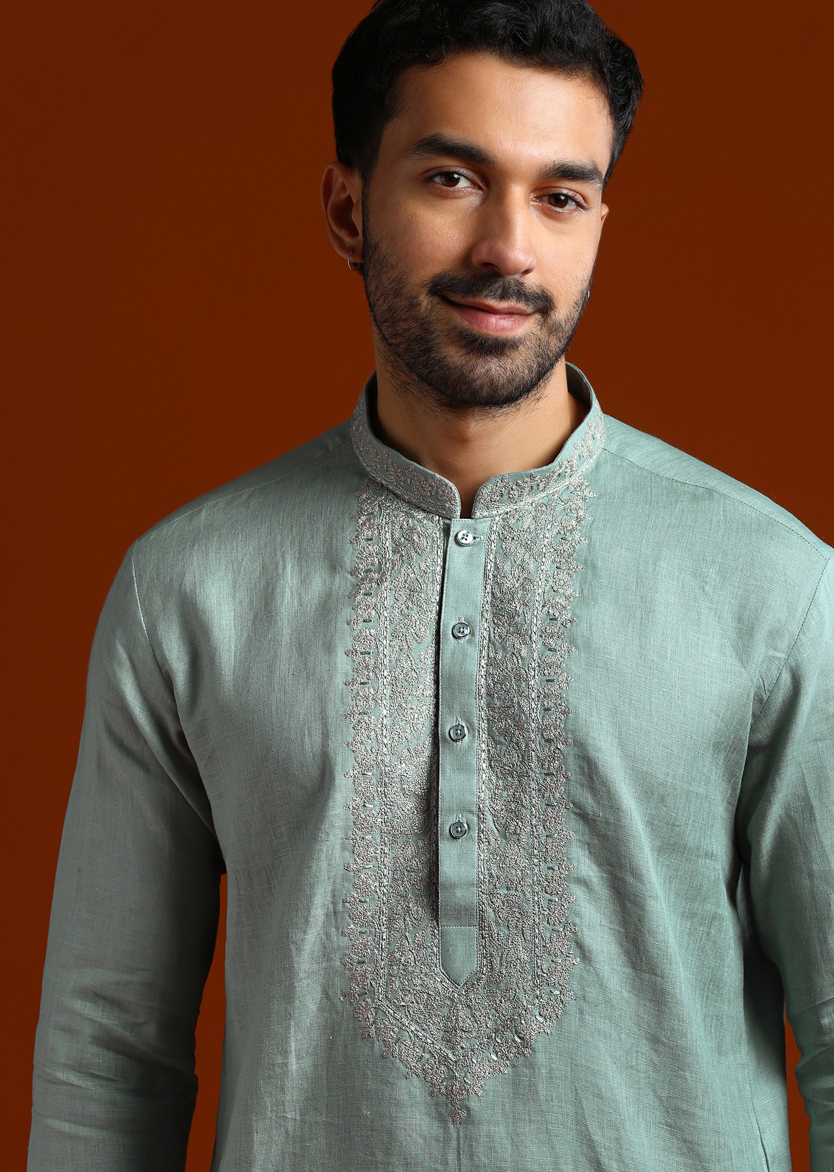 Olive Linen Kurta Set For Men With Resham Embroidery