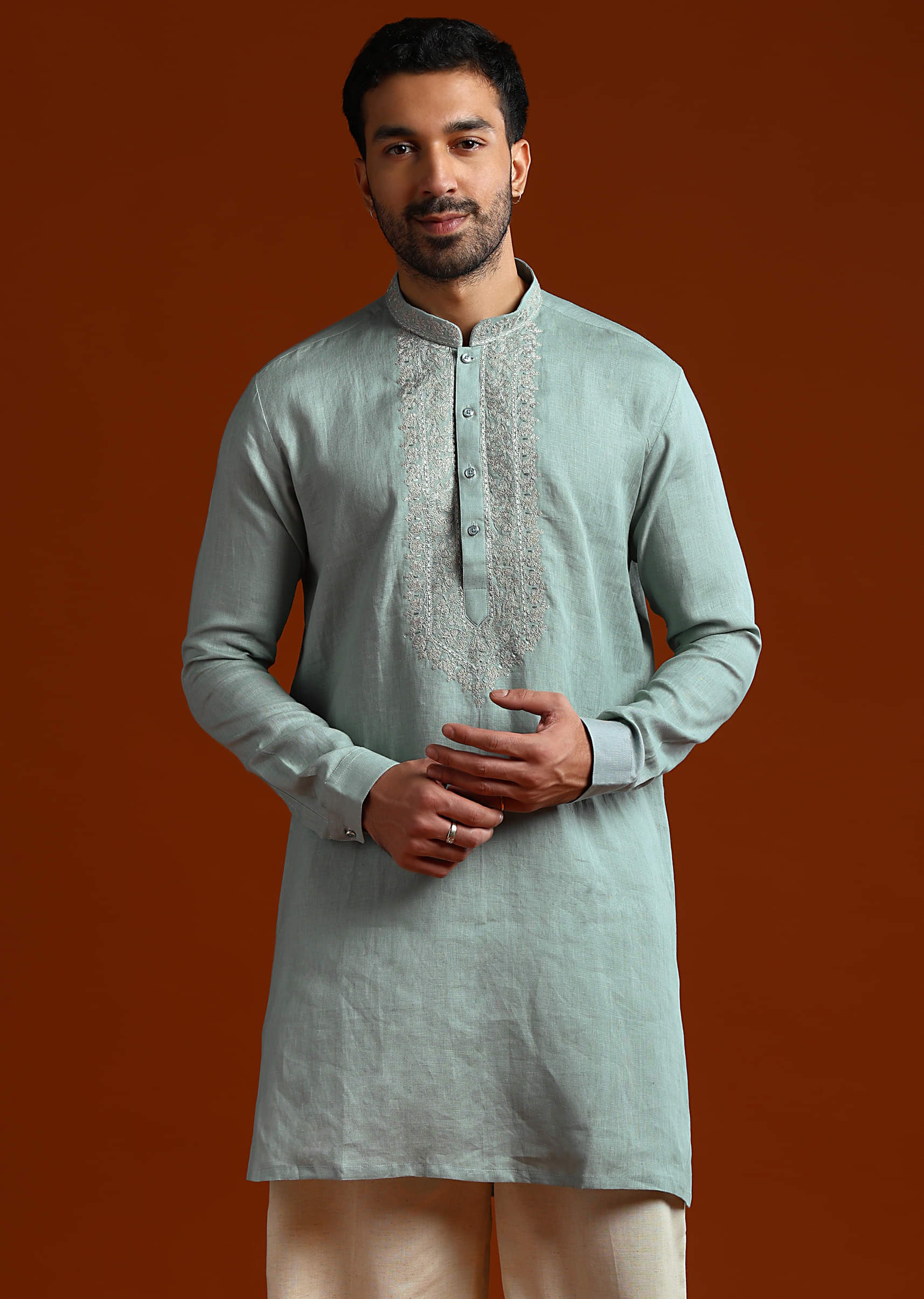 Olive Linen Kurta Set For Men With Resham Embroidery - Image 3