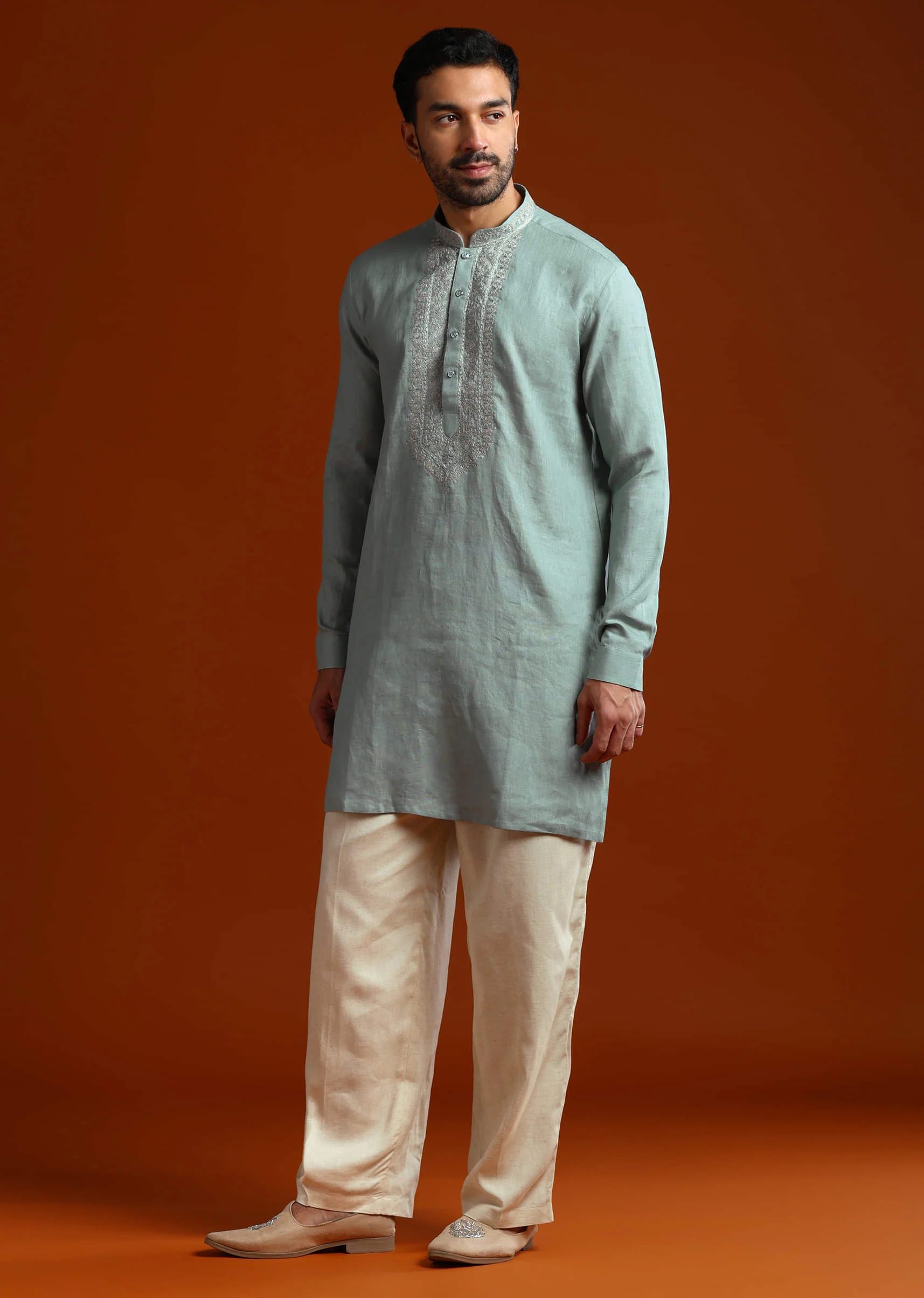 Olive Linen Kurta Set For Men With Resham Embroidery - Image 4