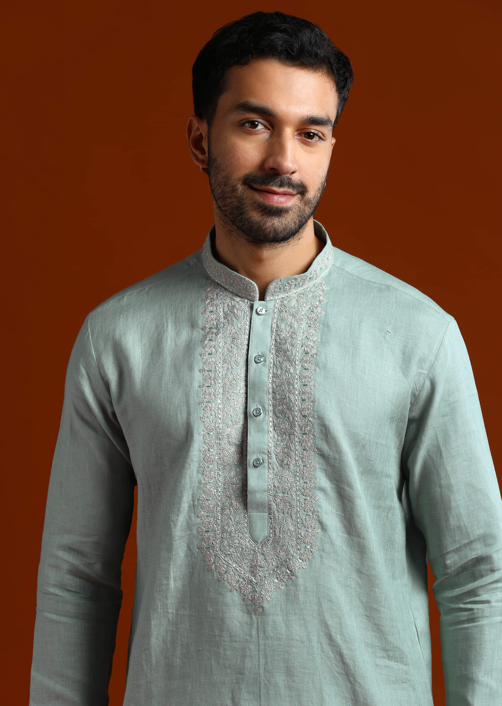 Olive Linen Kurta Set For Men With Resham Embroidery - Image 5