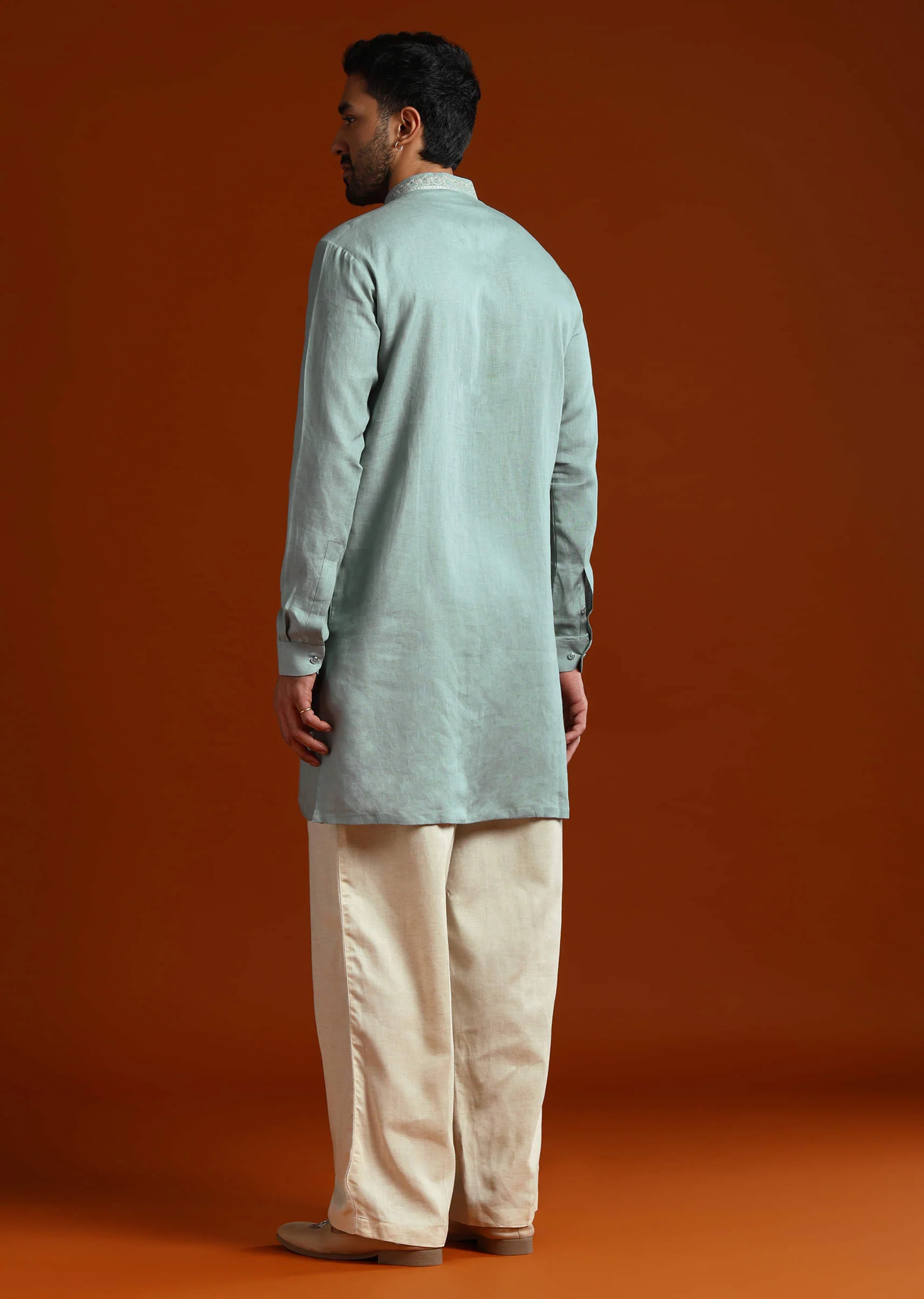 Olive Linen Kurta Set For Men With Resham Embroidery - Image 6