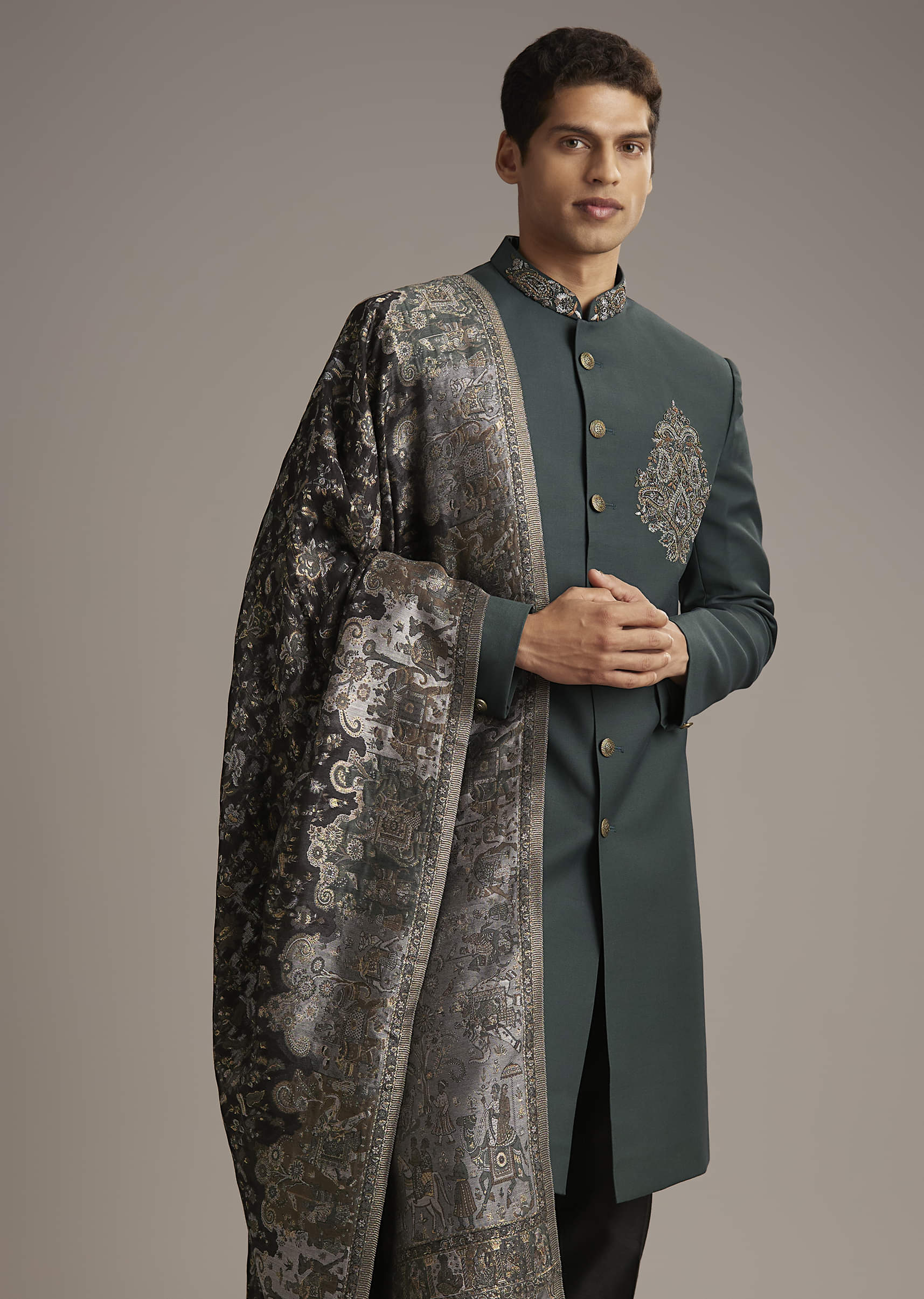 Olive Rayon Groomsman Sherwani With Intricate Hand Embroidery - Image 4