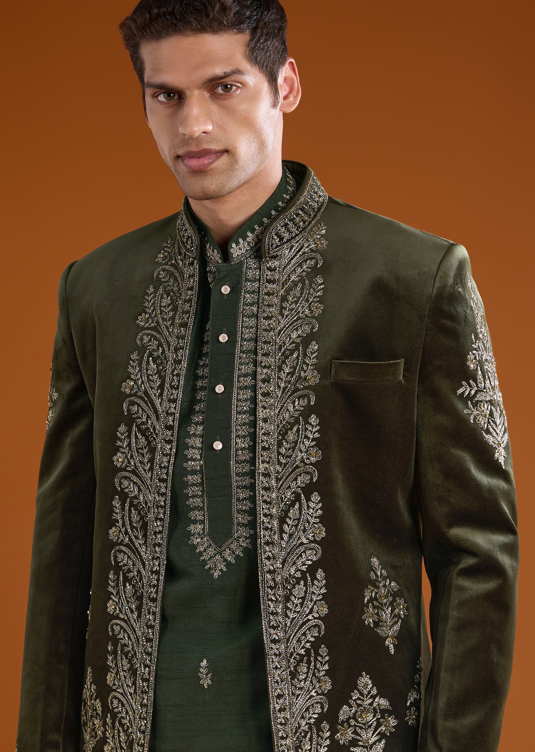 Olive Velvet Jodhpuri Kurta Set with Zardozi Embroidery - Image 2