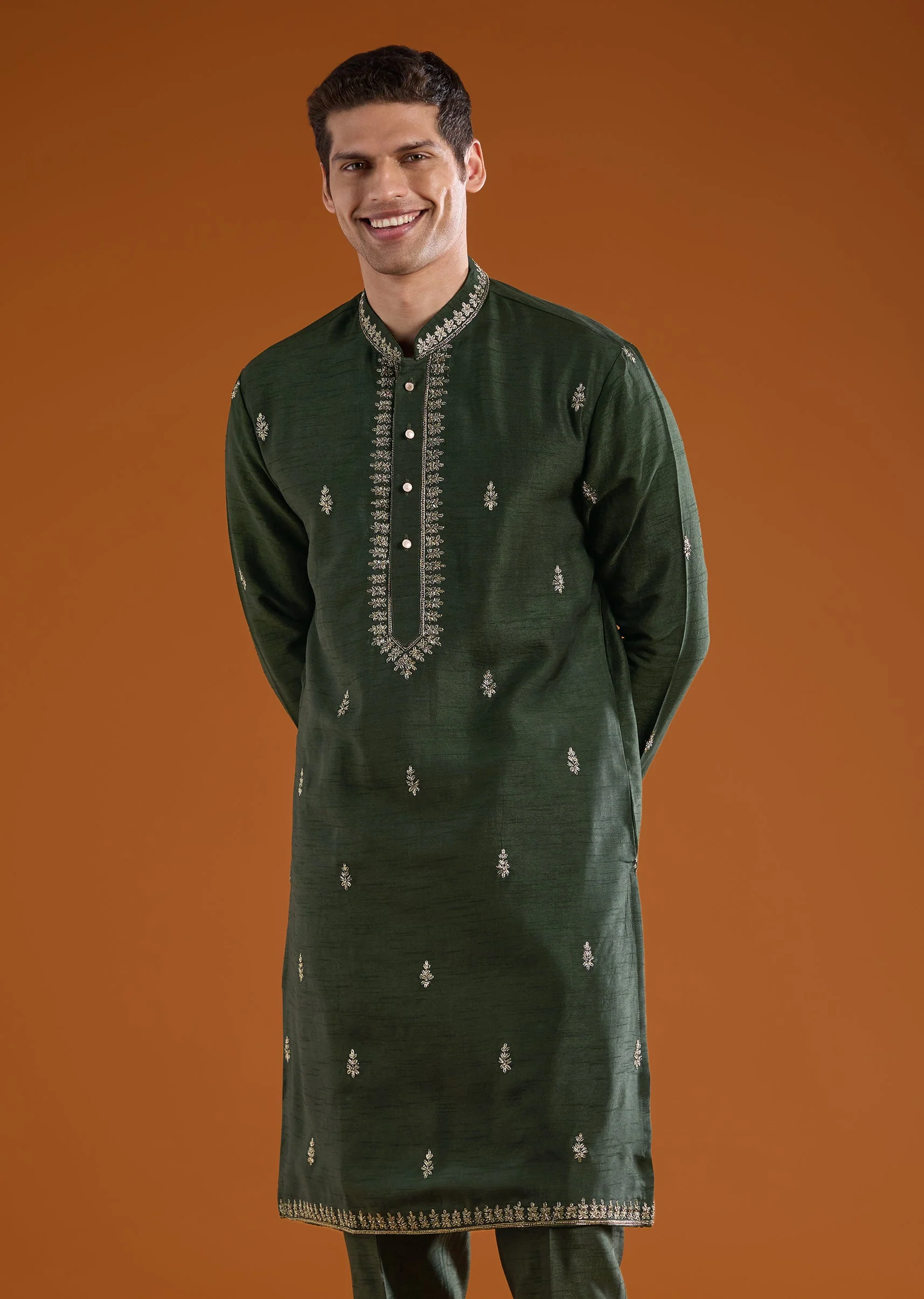 Olive Velvet Jodhpuri Kurta Set with Zardozi Embroidery - Image 6