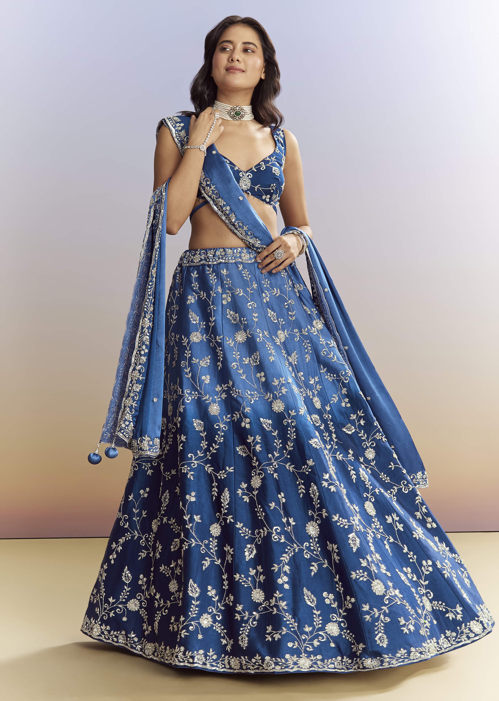 Ombre Blue Satin Bridesmaid Lehenga With Heavy Embroidery - Image 4