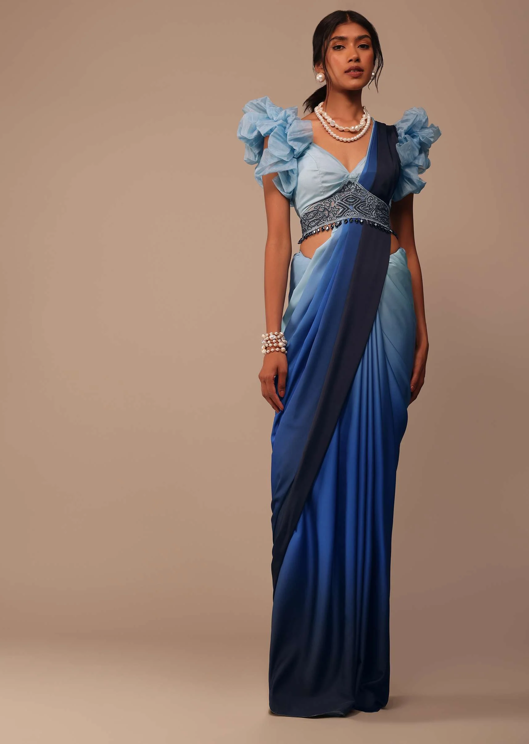 Ombre Blue Satin Saree With Fancy Organza Ruffle Blouse - Image 3