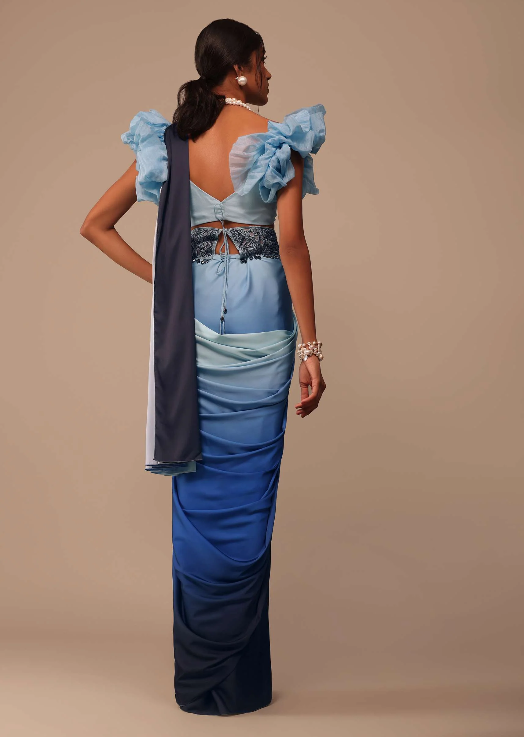 Ombre Blue Satin Saree With Fancy Organza Ruffle Blouse - Image 4