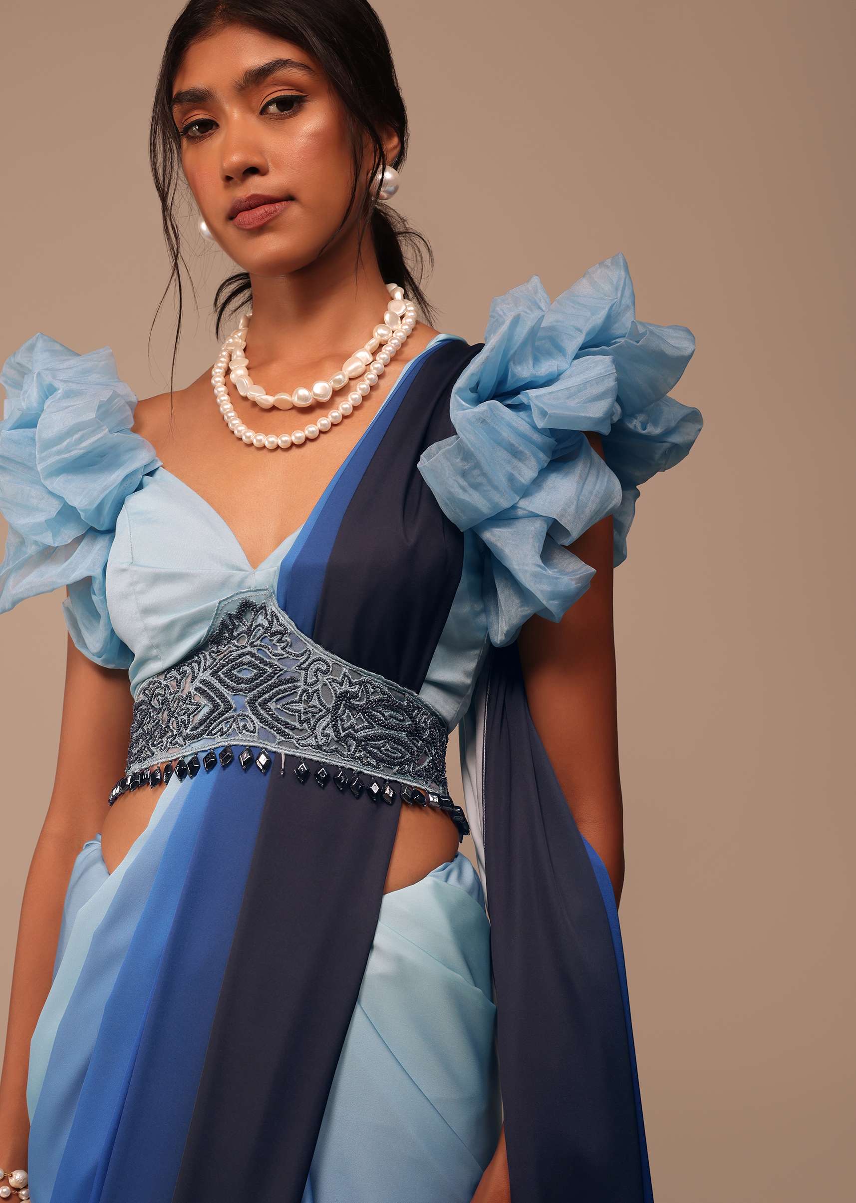 Ombre Blue Satin Saree With Fancy Organza Ruffle Blouse - Image 5