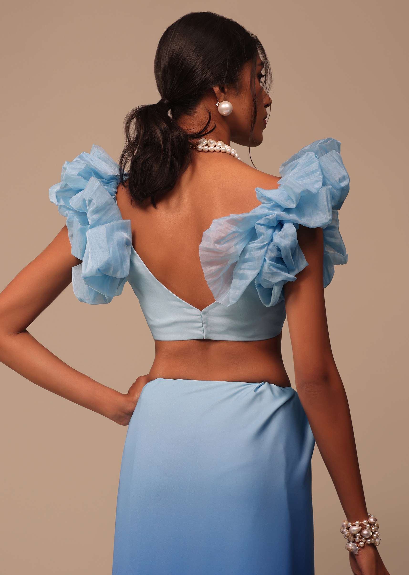 Ombre Blue Satin Saree With Fancy Organza Ruffle Blouse - Image 7