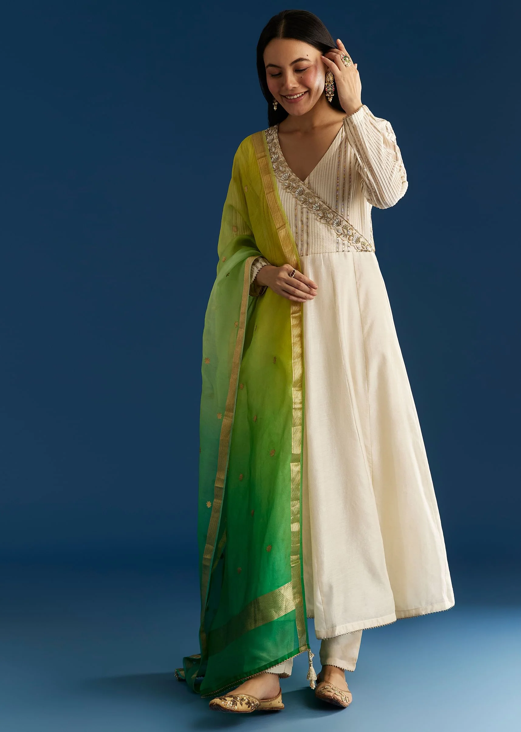 Ombre Chanderi Angrakha Style Anarkali Suit With Ombre Dupatta - Image 3