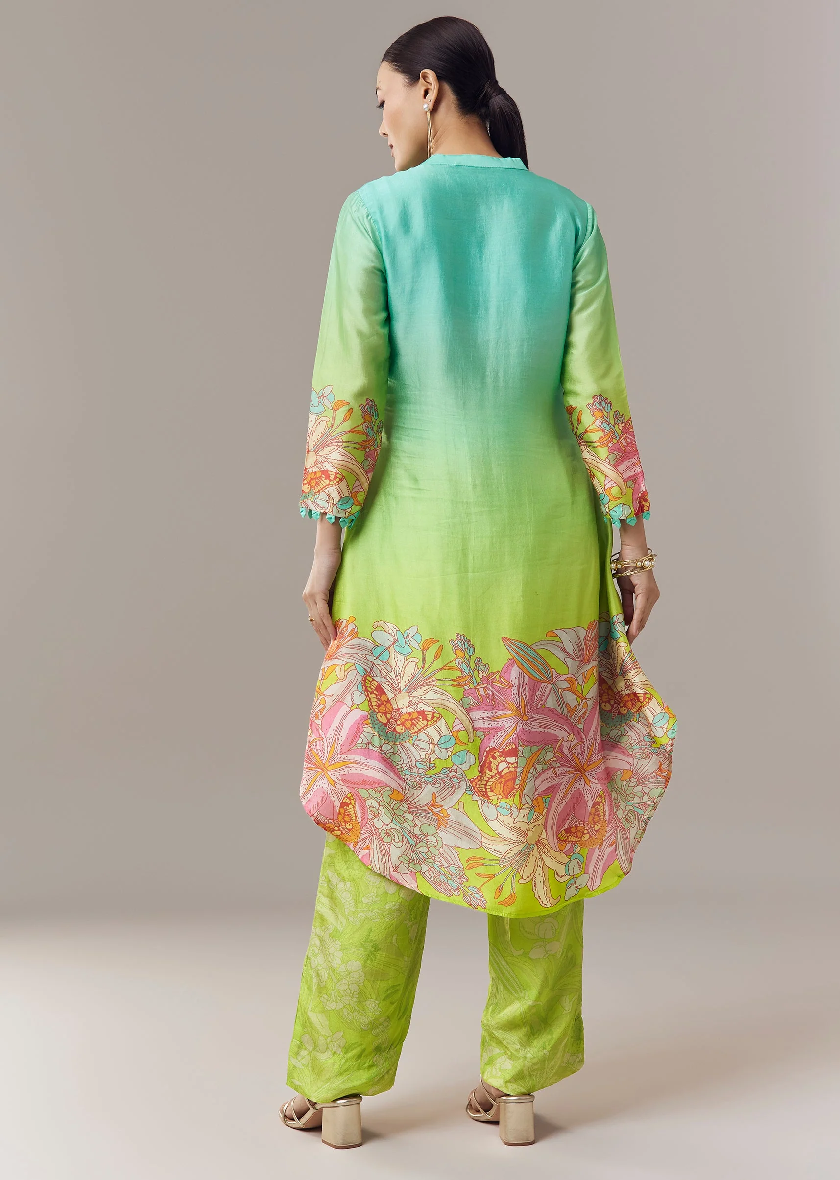 Ombre Green Silk Coord Set With Floral Embellishment - Image 5