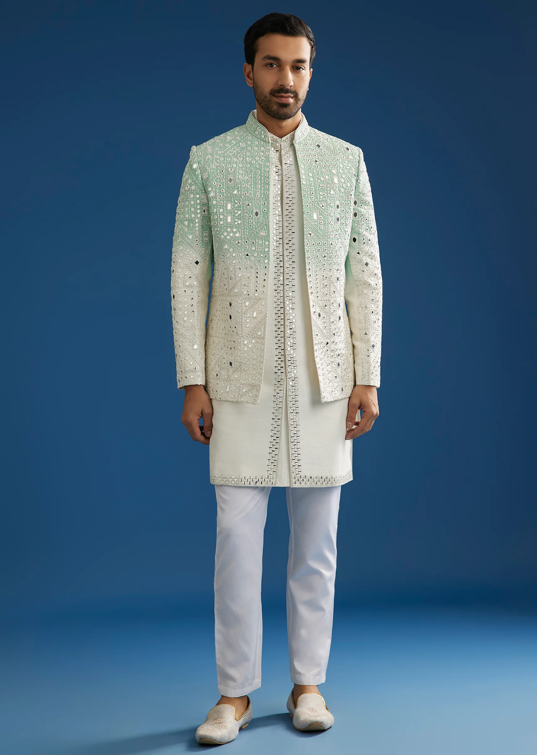 Ombre Green Silk Indo Western Jacket Set With Mirror And Thread Work - Image 3