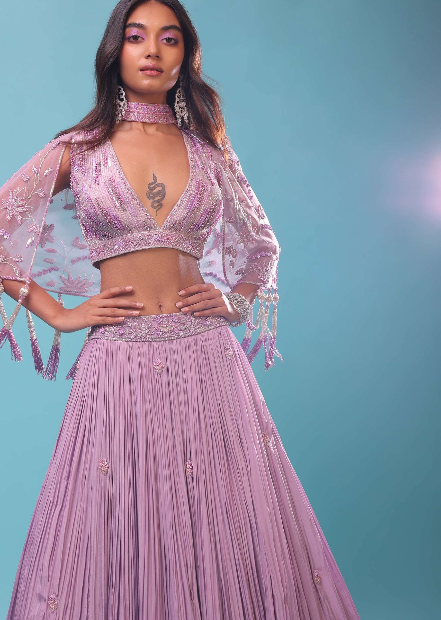 Ombre Lehenga And Crop Top In Moti Cut An Dana Embroidery, Cape Jacket In Tassels Fringes At The Border - Image 5