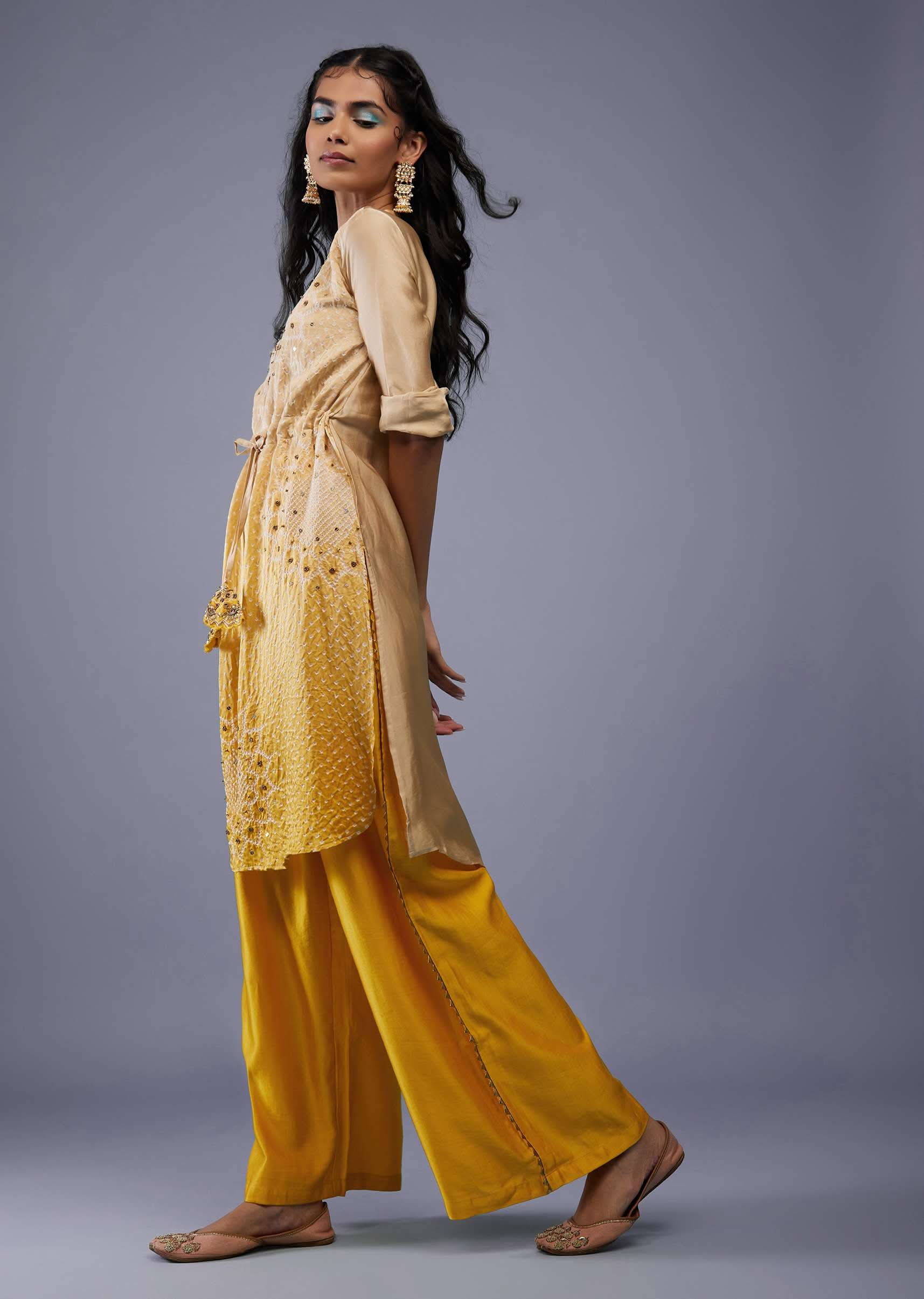 Ombre Shaded Champagne Brown And Cyber Yellow Gajji Silk Bandhani Top With Cotton Silk Palazzo - Image 10