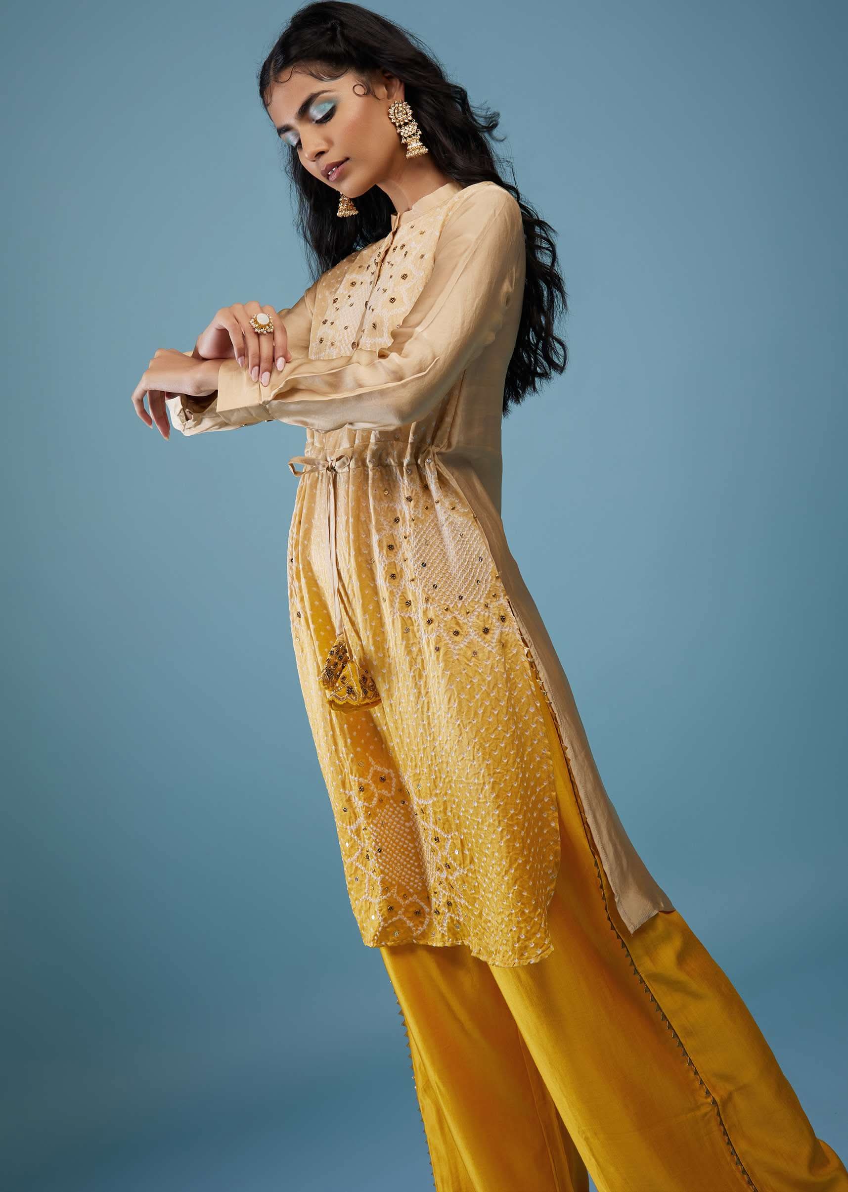 Ombre Shaded Champagne Brown And Cyber Yellow Gajji Silk Bandhani Top With Cotton Silk Palazzo - Image 11