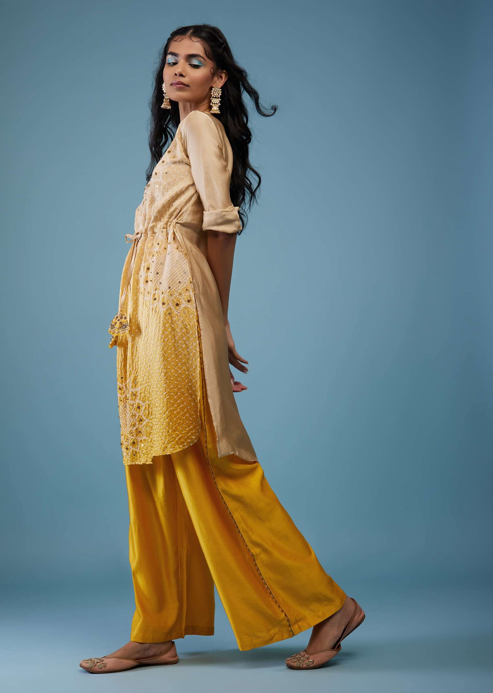 Ombre Shaded Champagne Brown And Cyber Yellow Gajji Silk Bandhani Top With Cotton Silk Palazzo - Image 13