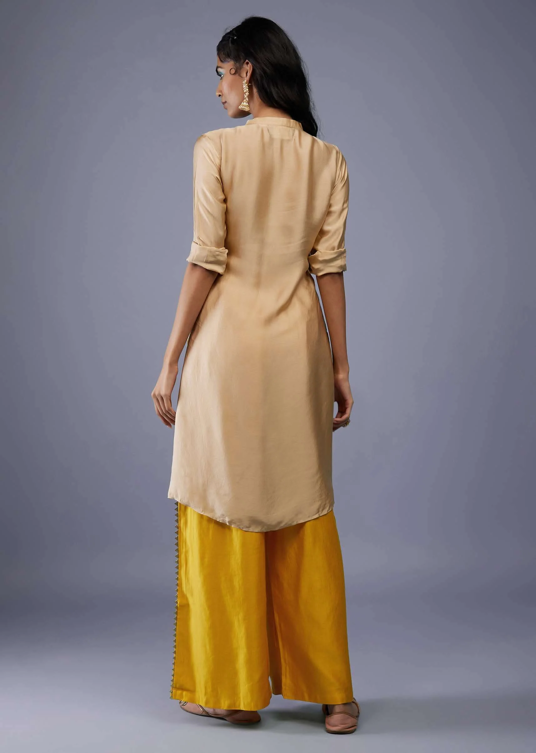 Ombre Shaded Champagne Brown And Cyber Yellow Gajji Silk Bandhani Top With Cotton Silk Palazzo - Image 15
