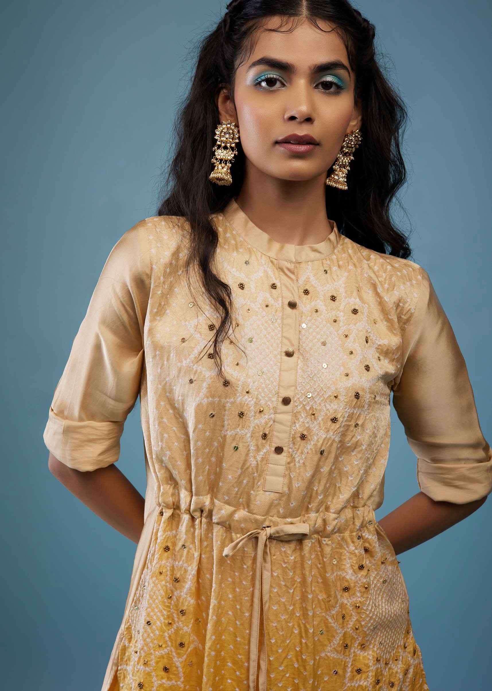 Ombre Shaded Champagne Brown And Cyber Yellow Gajji Silk Bandhani Top With Cotton Silk Palazzo - Image 16
