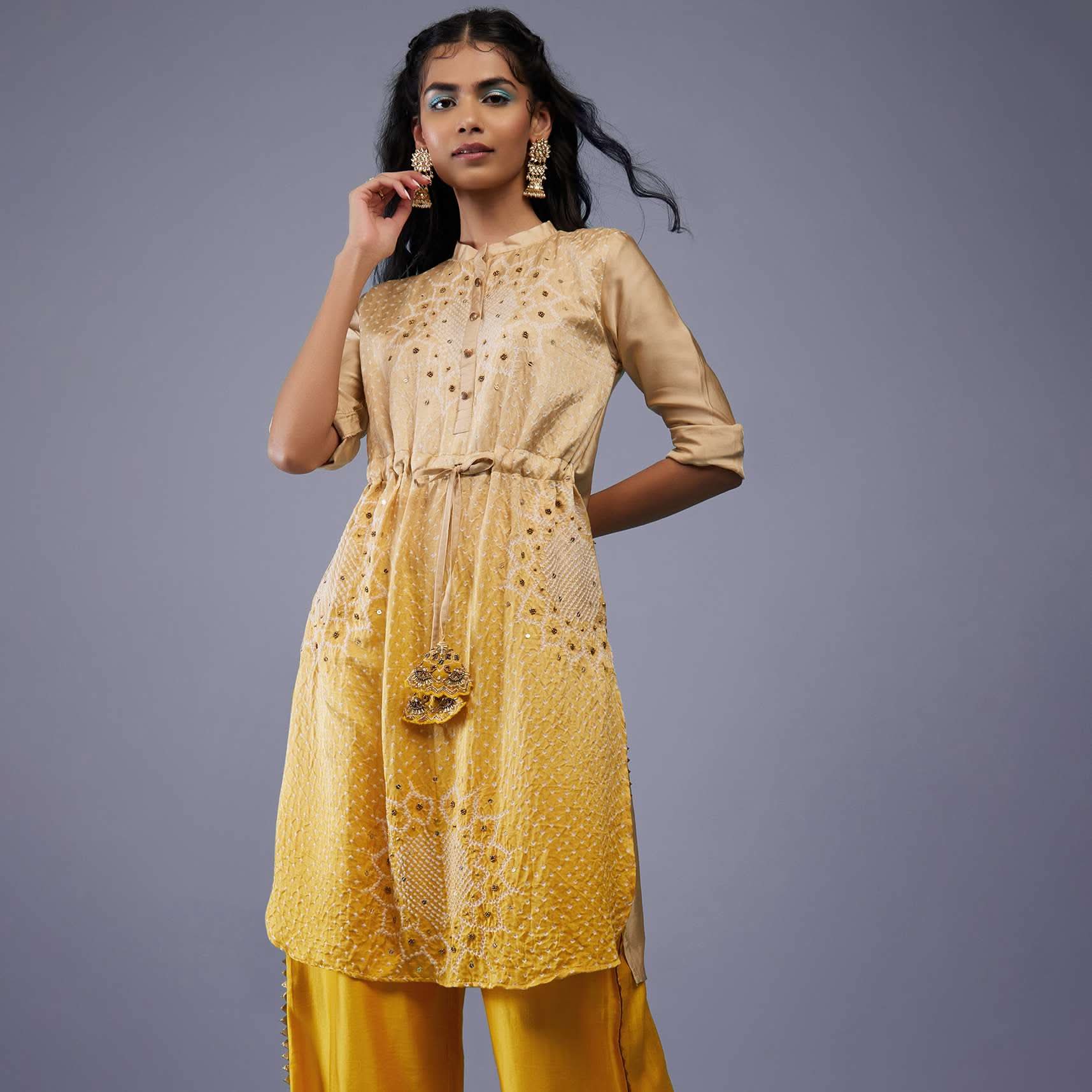 Ombre Shaded Champagne Brown And Cyber Yellow Gajji Silk Bandhani Top With Cotton Silk Palazzo - Image 4
