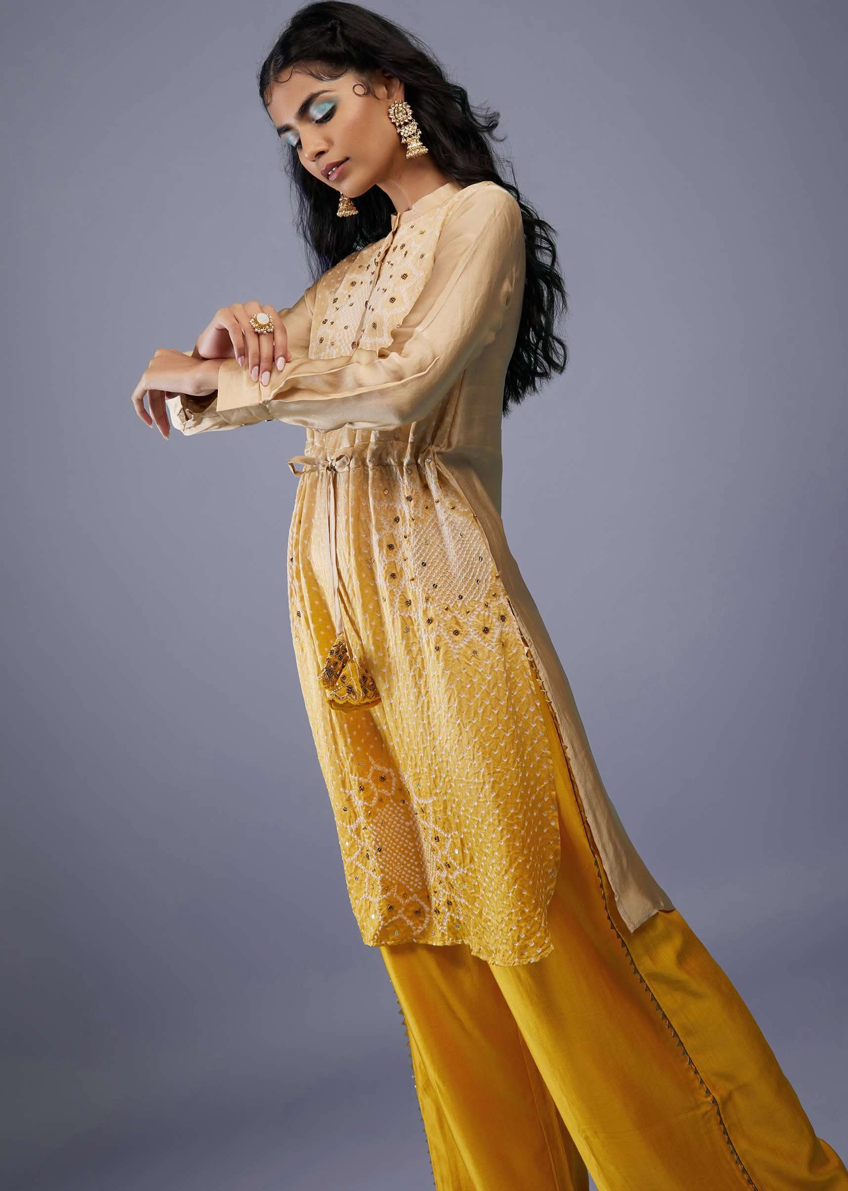 Ombre Shaded Champagne Brown And Cyber Yellow Gajji Silk Bandhani Top With Cotton Silk Palazzo - Image 6