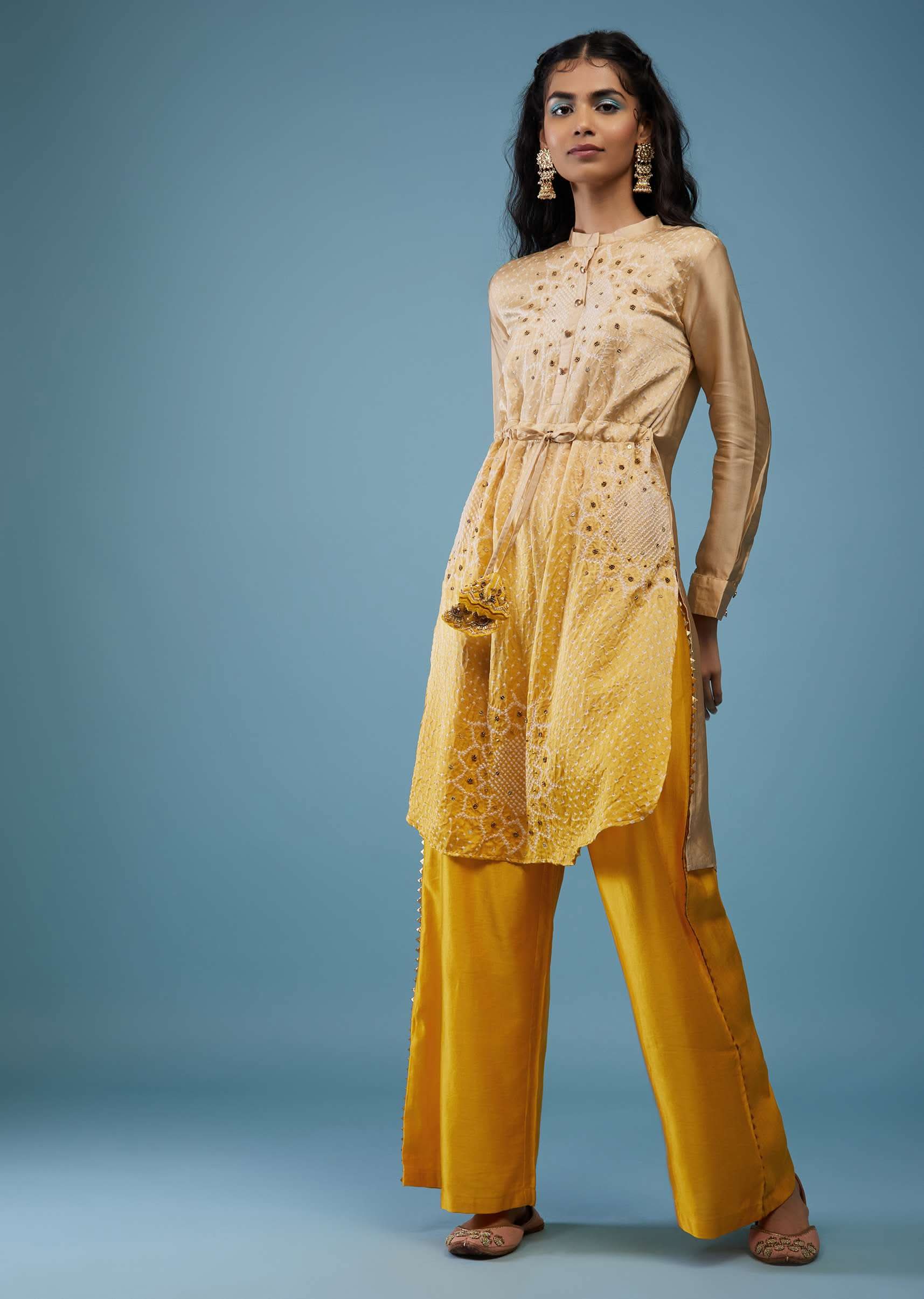 Ombre Shaded Champagne Brown And Cyber Yellow Gajji Silk Bandhani Top With Cotton Silk Palazzo - Image 8