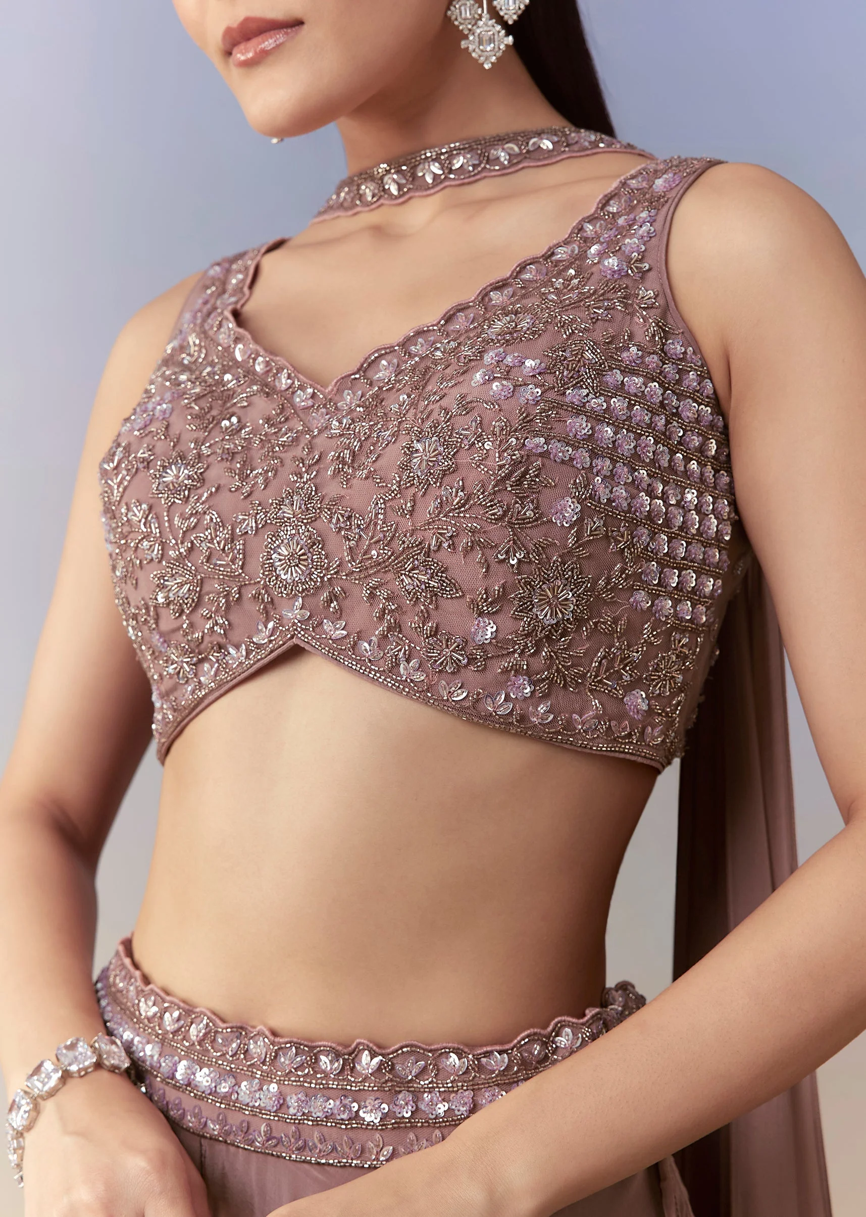 Onion Pink Crop Top Palazzo Set with Cutdana Work - Image 2