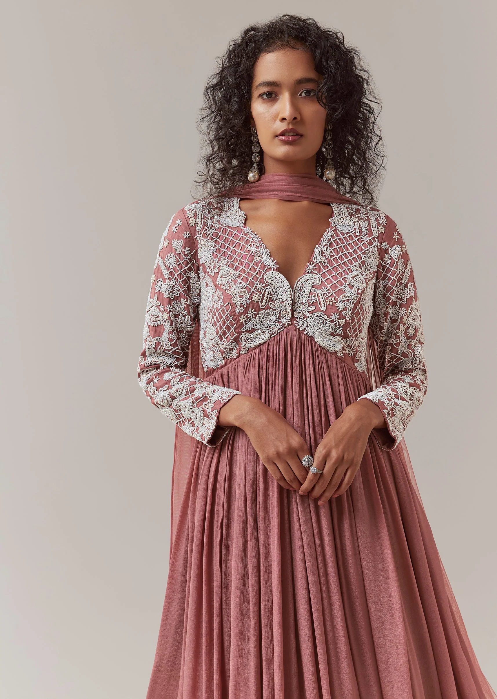 Onion Pink Embroidered Anarkali with Dupatta - Image 4
