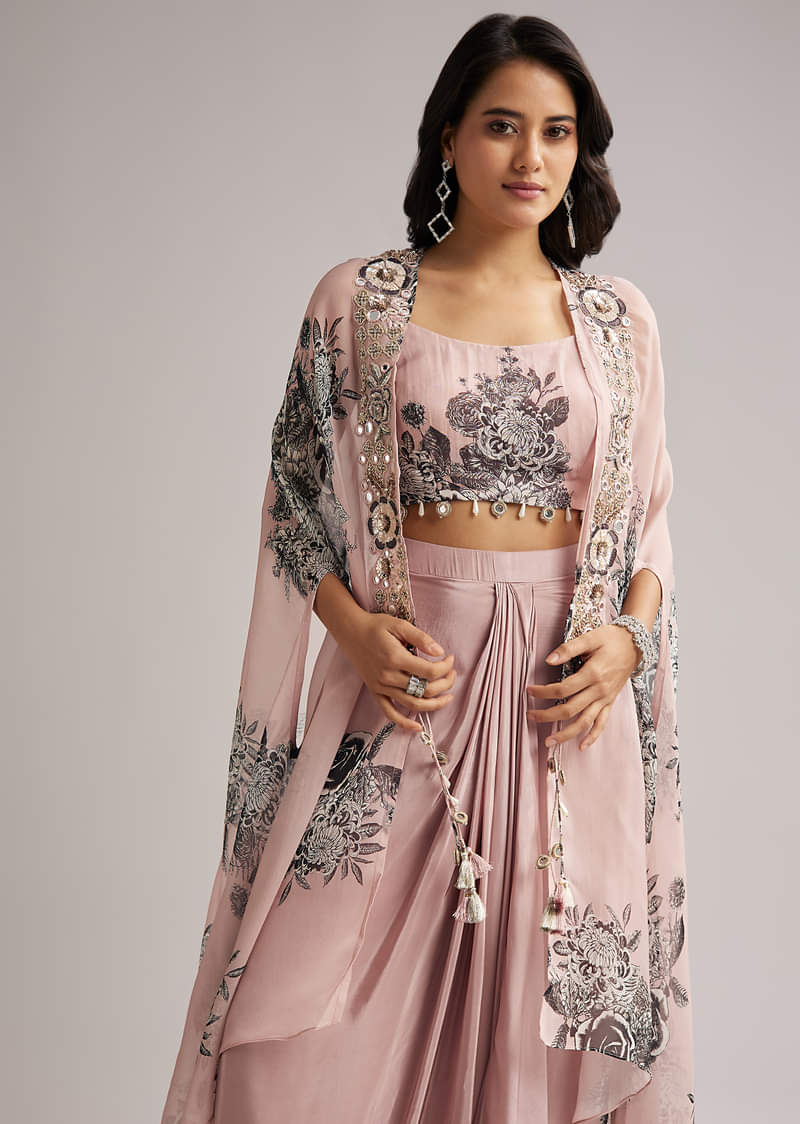 Onion Pink Floral Cape Set With Crop Top And Skirt - Image 3