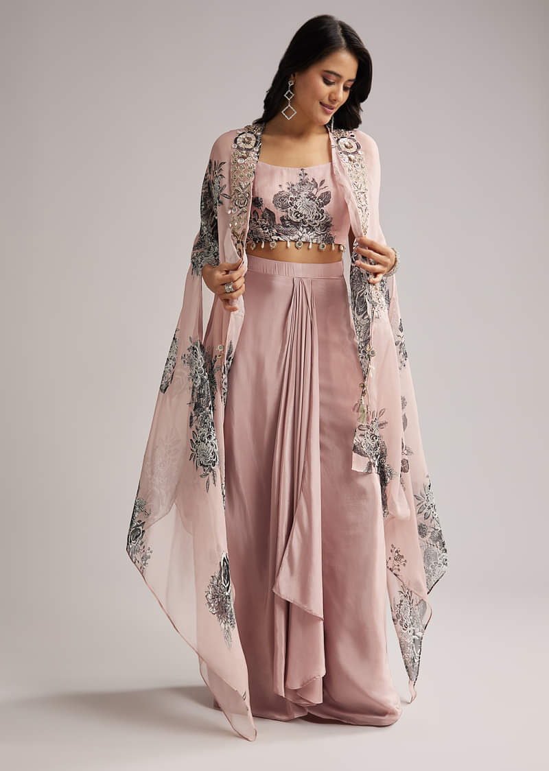 Onion Pink Floral Cape Set With Crop Top And Skirt - Image 4