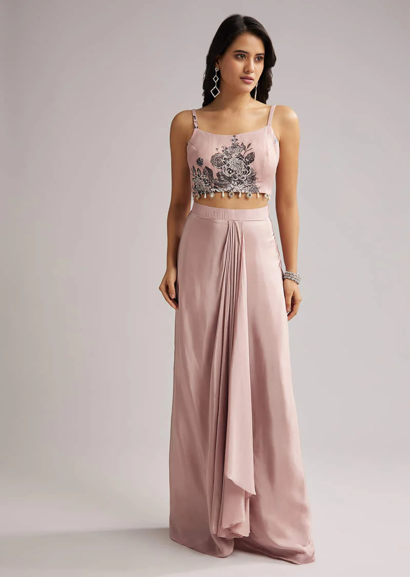 Onion Pink Floral Cape Set With Crop Top And Skirt - Image 5
