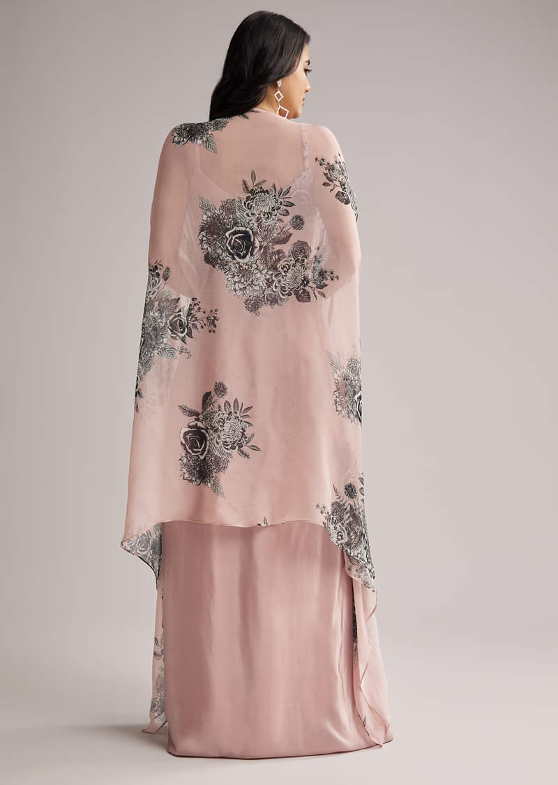 Onion Pink Floral Cape Set With Crop Top And Skirt - Image 6