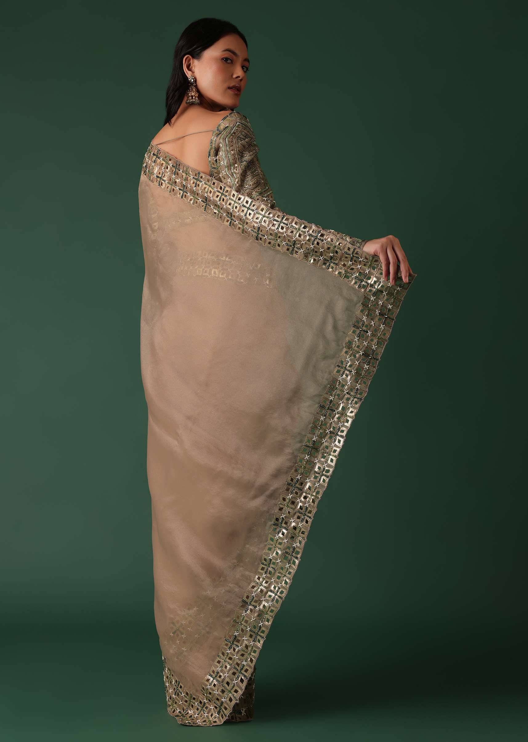 Onion Pink Foil Printed Saree And Blouse In Organza - Image 4