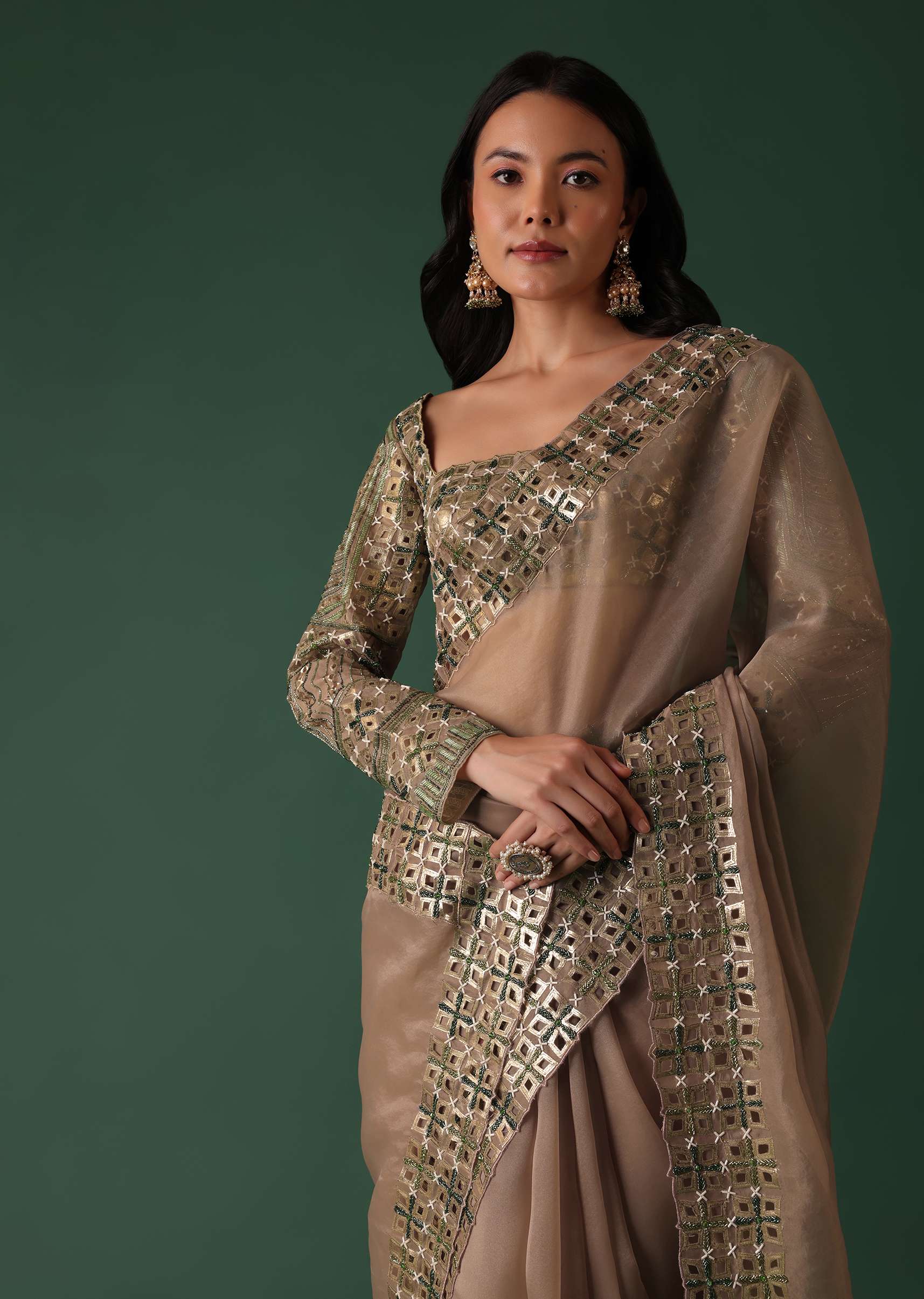 Onion Pink Foil Printed Saree And Blouse In Organza - Image 5
