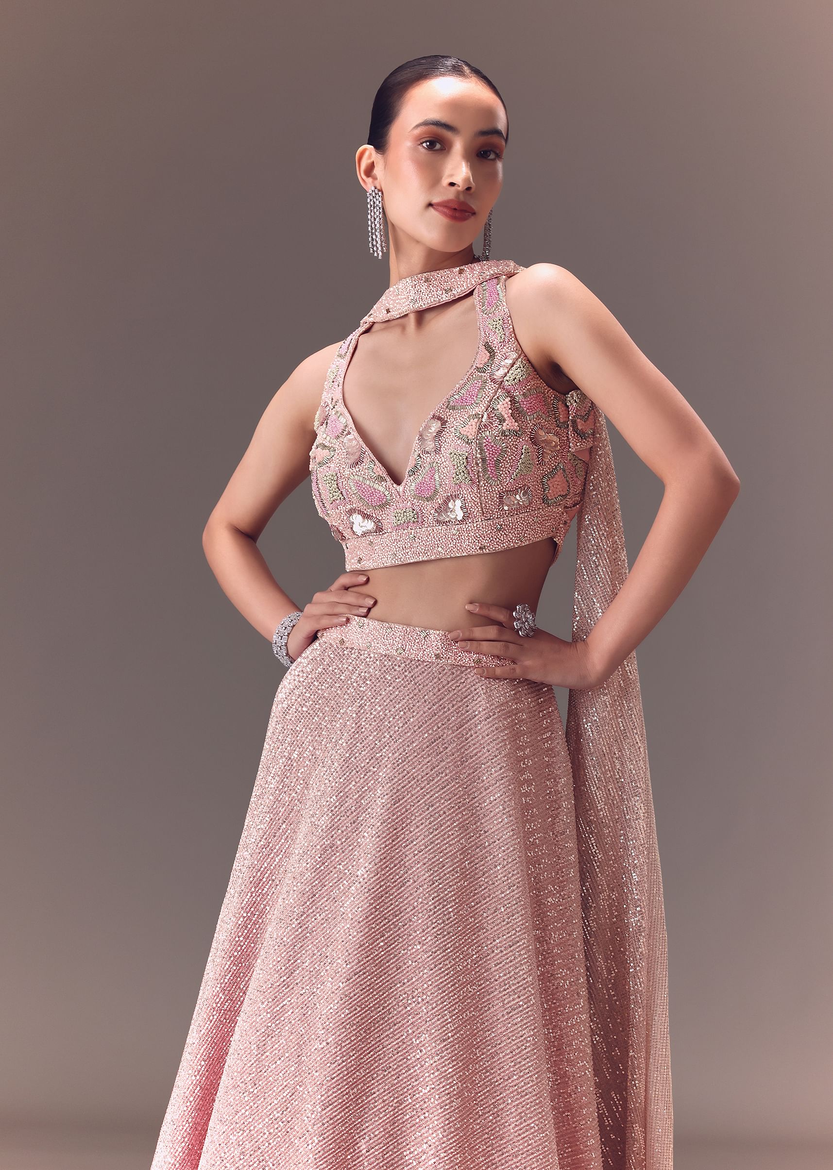 Onion Pink Sequin Embellished Lehenga Set With Choker Dupatta - Image 2