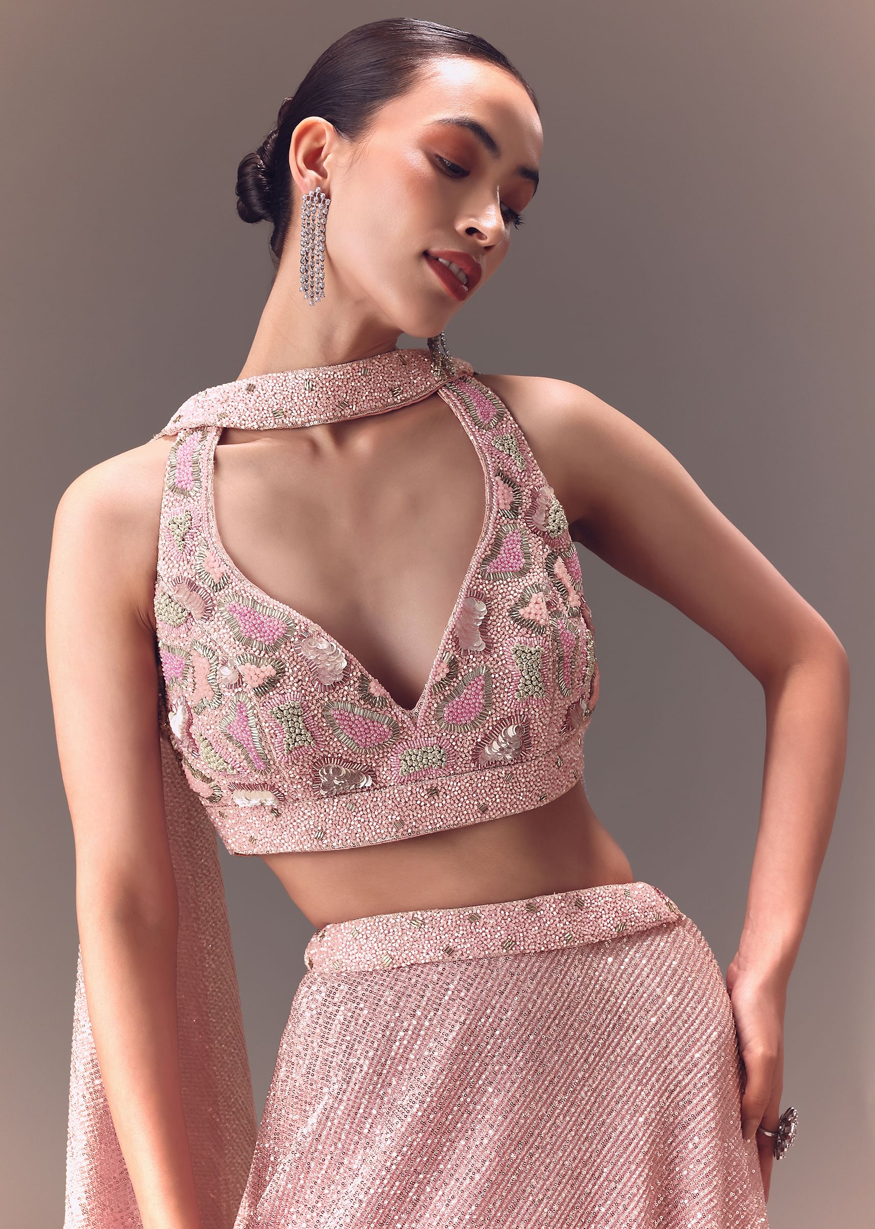 Onion Pink Sequin Embellished Lehenga Set With Choker Dupatta - Image 4