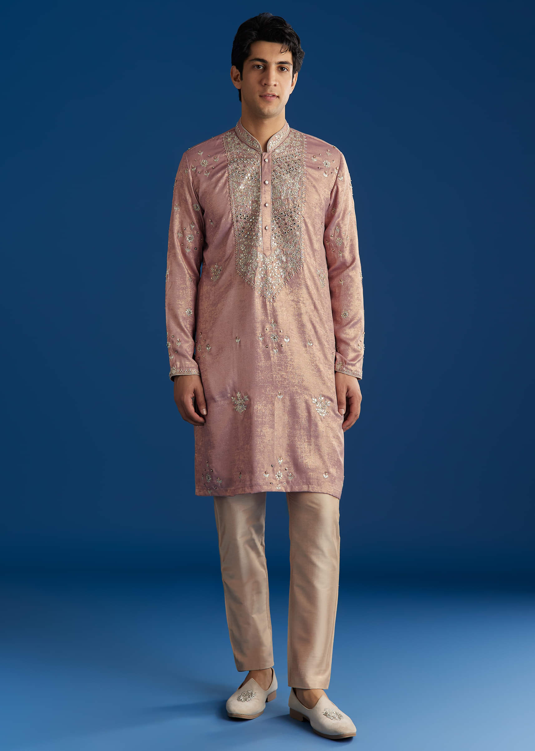 Onion Pink Tissue Kurta Set With Embroidered Yoke - Image 2