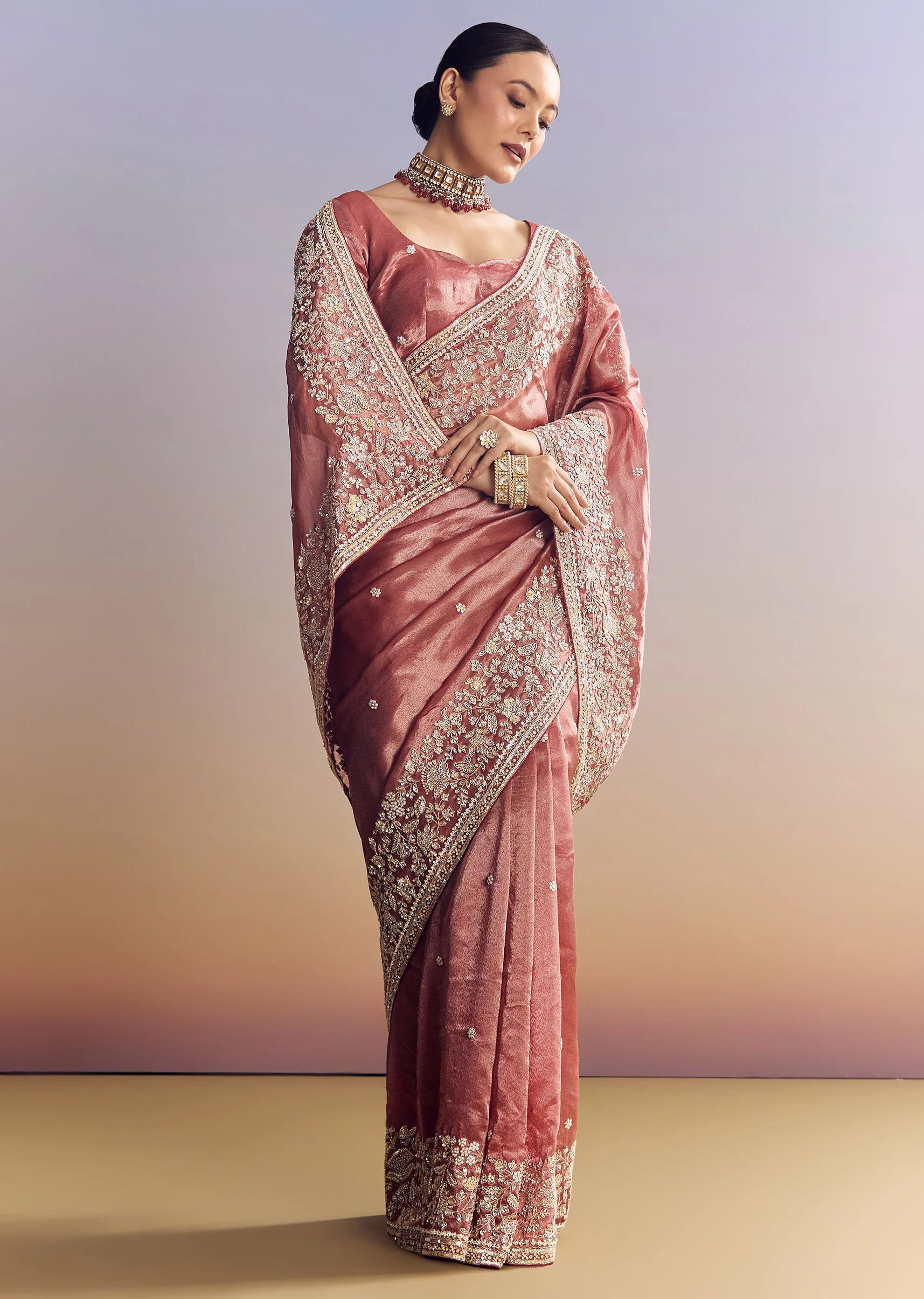 Onion Pink Tissue Saree With Detailed Floral Embroidered Border - Image 3