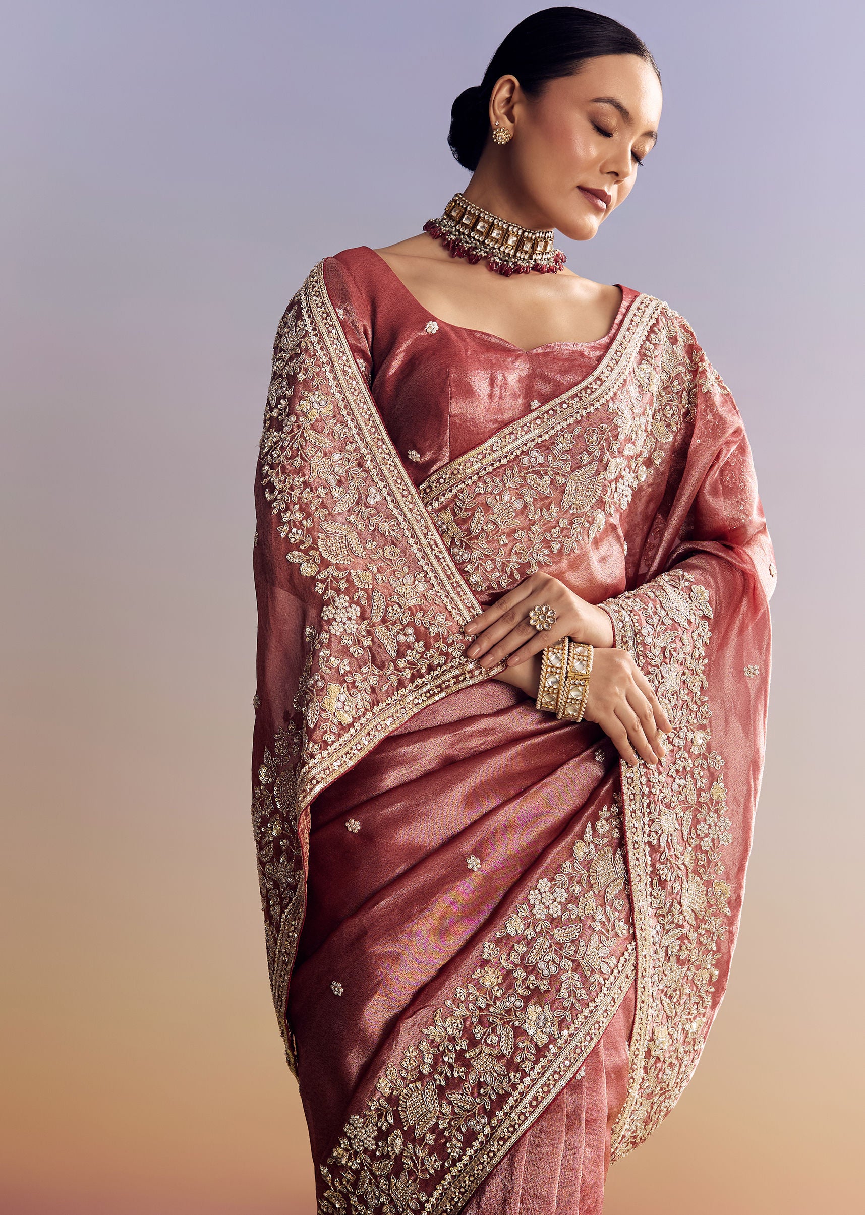 Onion Pink Tissue Saree With Detailed Floral Embroidered Border - Image 5