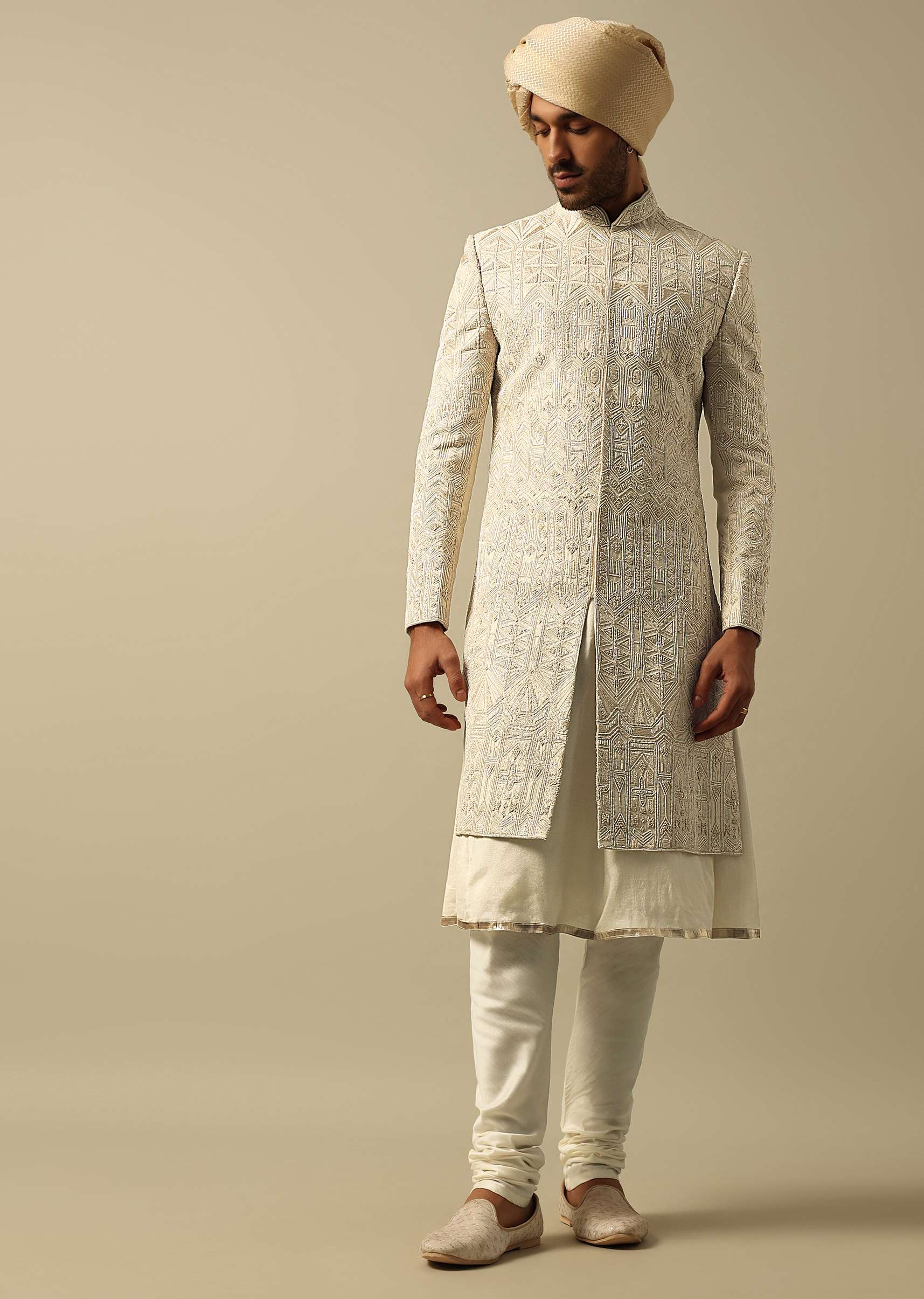 Opulent Beige Banarasi Silk Sherwani - Image 2