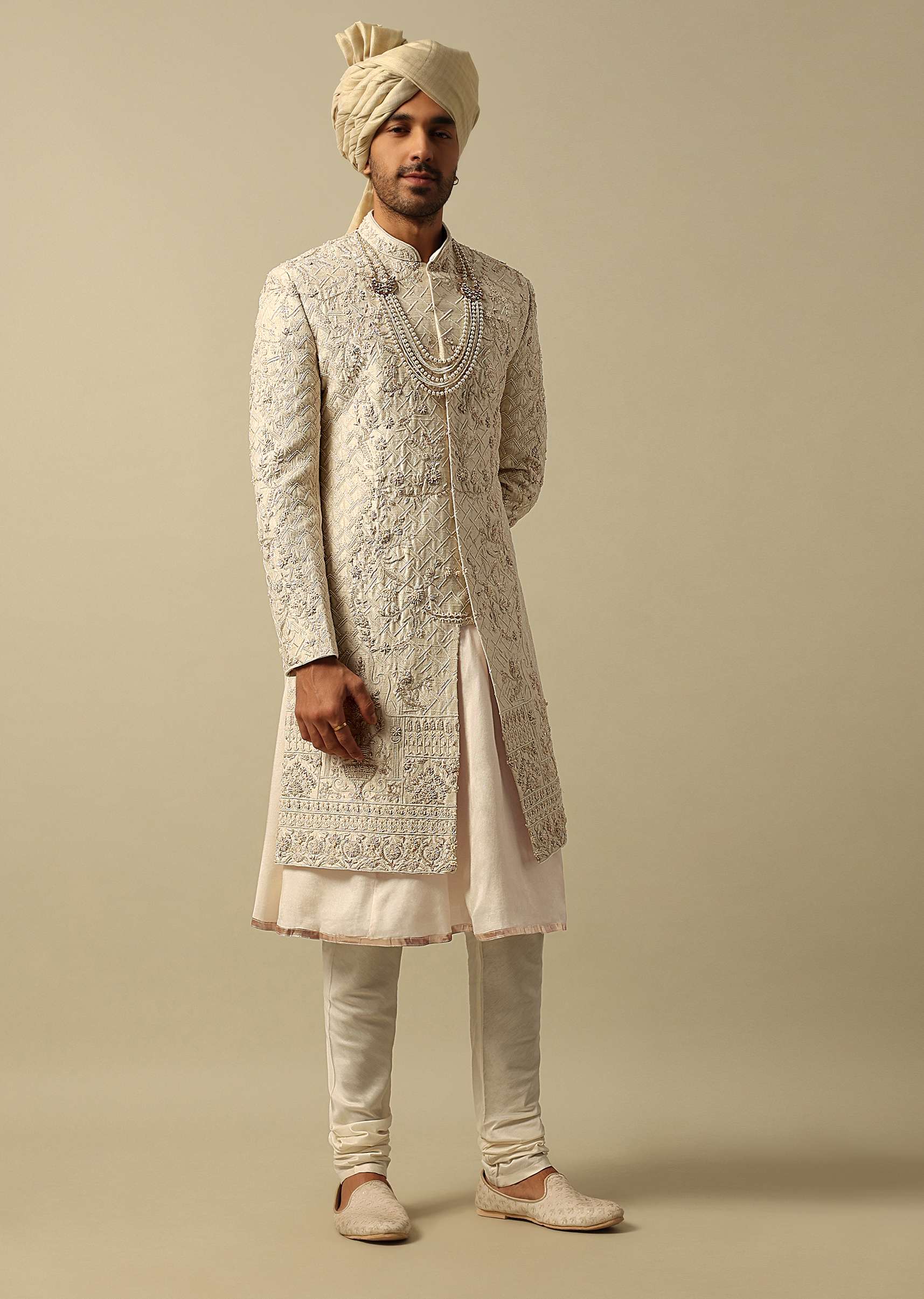 Opulent White Raw Silk Sherwani - Image 2