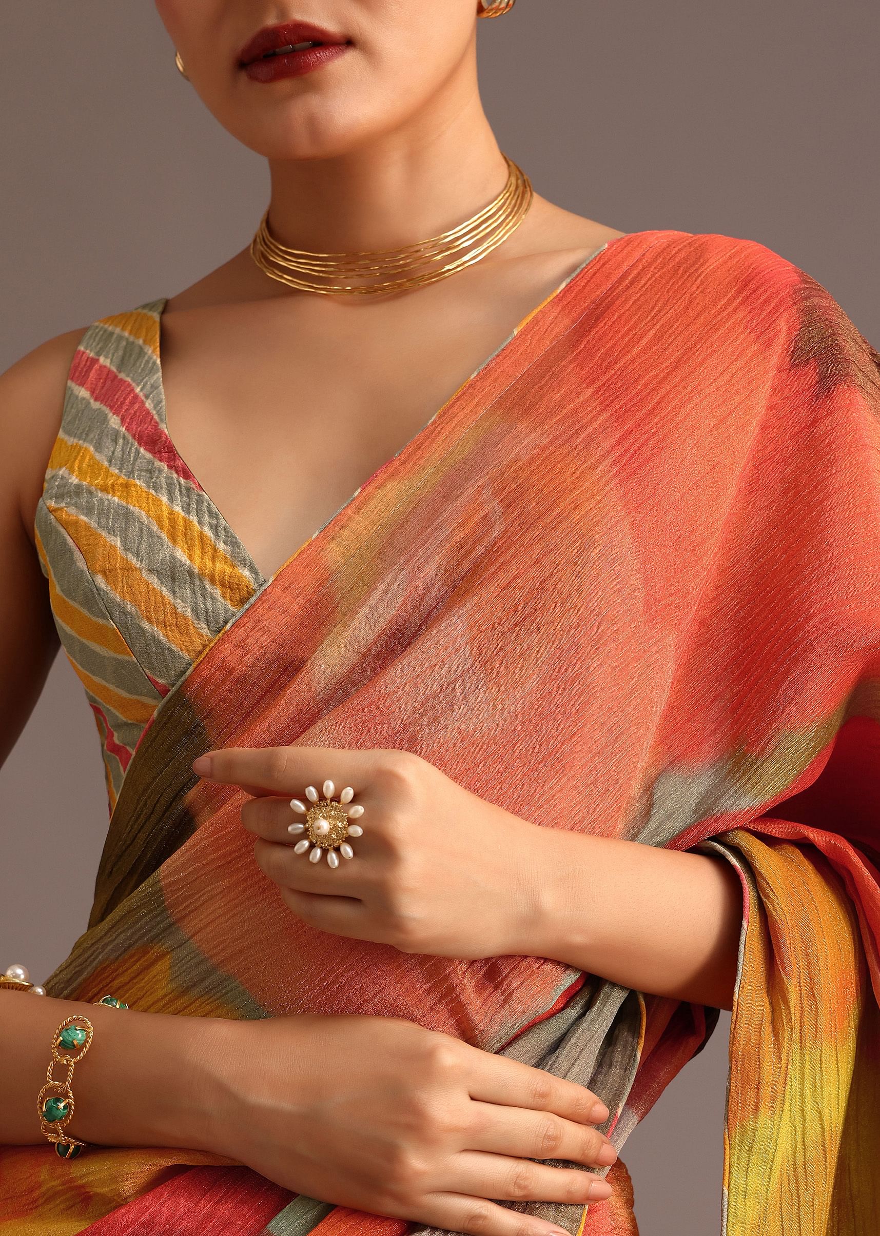 Orange Abstract Printed Crush Ready To Wear Saree - Image 2
