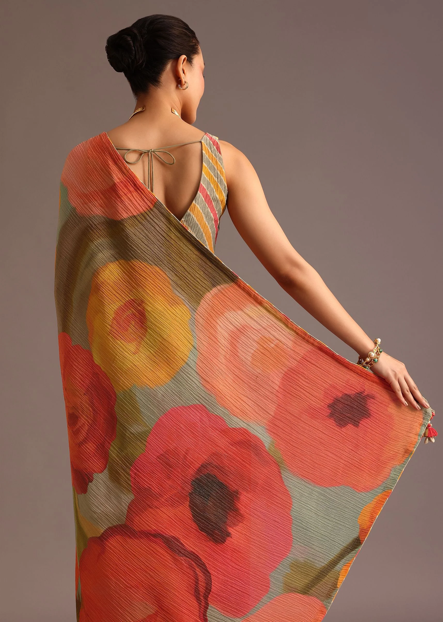 Orange Abstract Printed Crush Ready To Wear Saree - Image 6
