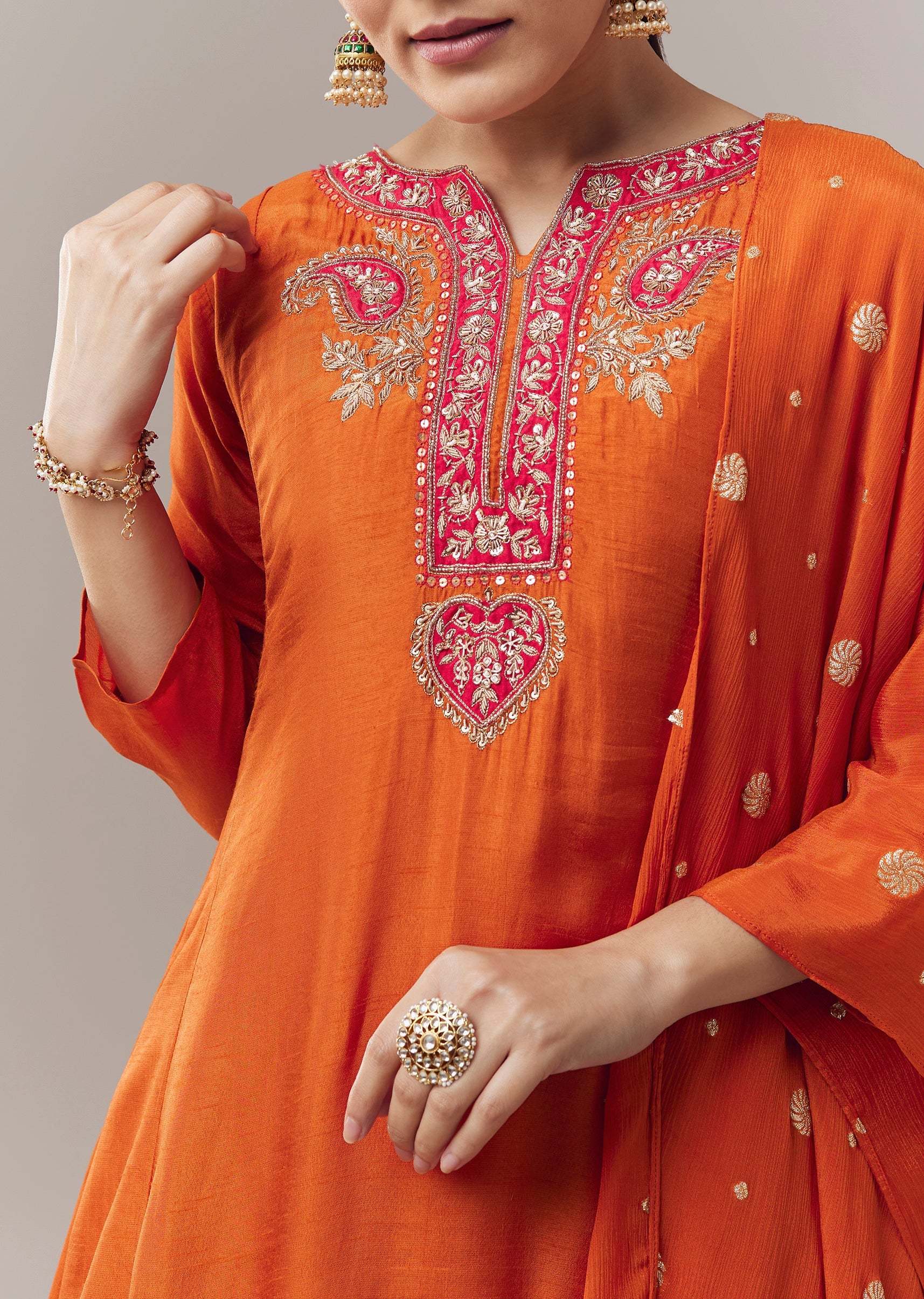 Orange Anarkali With Zardosi And Sequins Work And Dupatta - Image 2