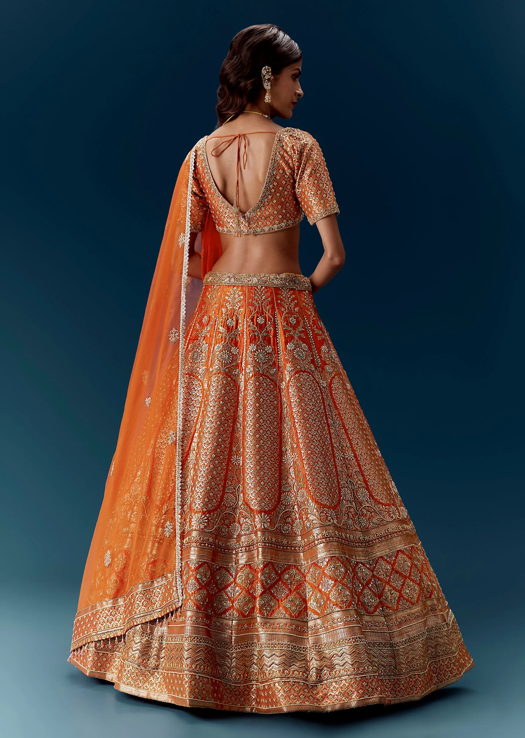 Orange Banarasi Embroiderede Bridal Lehenga With Dupatta - Image 2