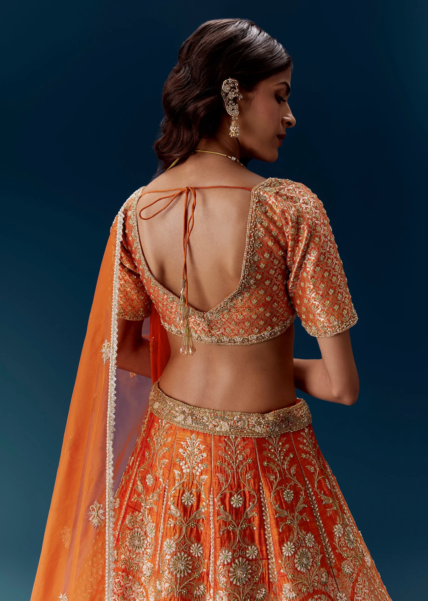 Orange Banarasi Embroiderede Bridal Lehenga With Dupatta - Image 6